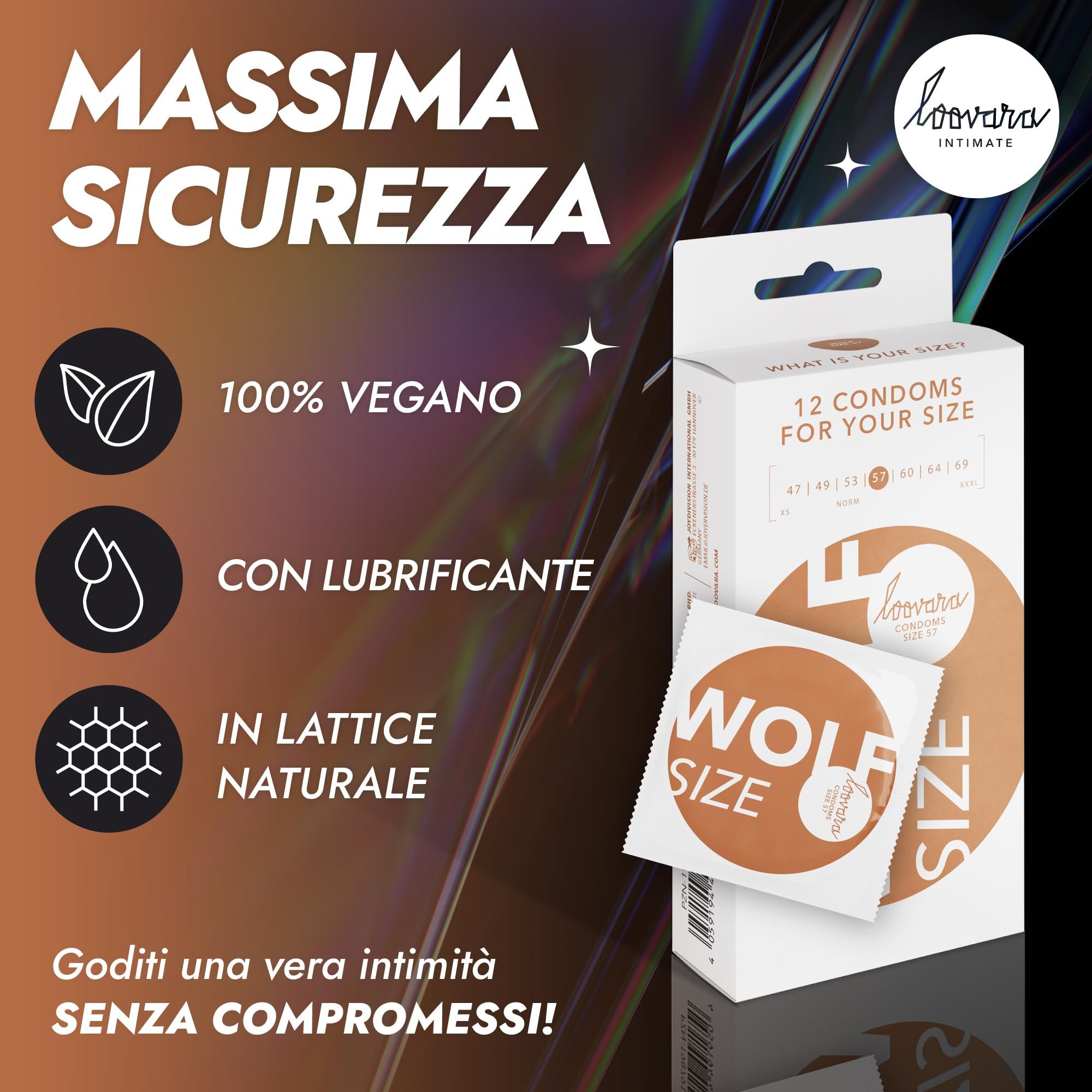 Préservatifs Loovara Wolf, 12 pièces, taille 57mm, 100% vegan, avec lubrifiant.