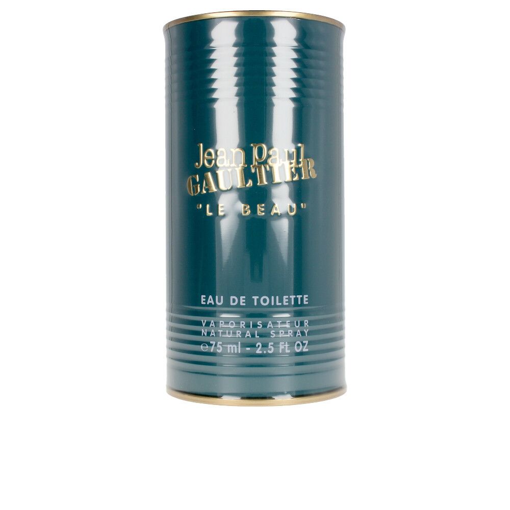 Cilindrische fles, blauwgroen, met gouden dop en opschrift. Opschrift: Jean Paul Gaultier, Le Beau, Eau de Toilette.