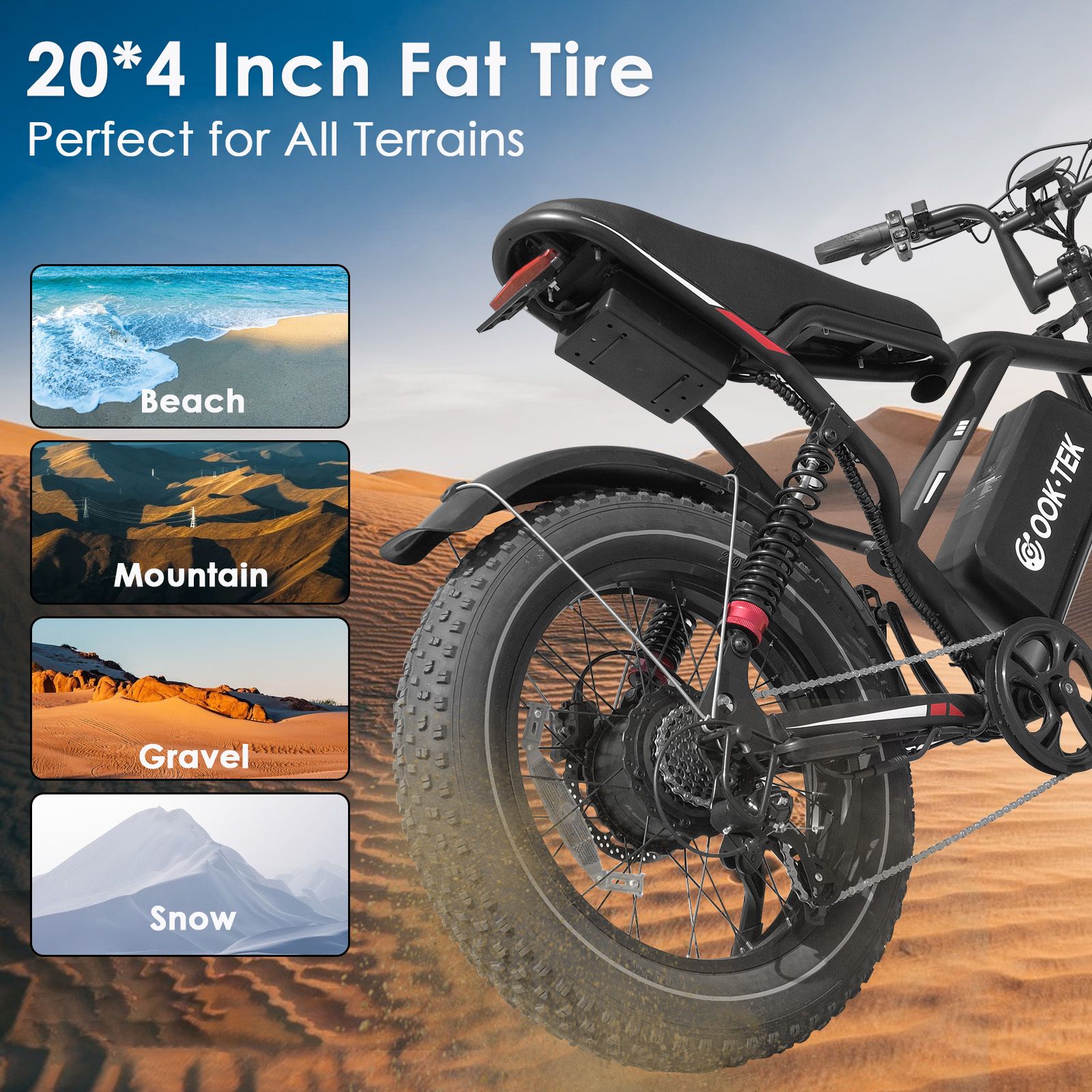 Vélo électrique à gros pneus sur sable. Inscription: 20*4 Inch Fat Tire. Scènes: plage, montagne, gravier, neige.