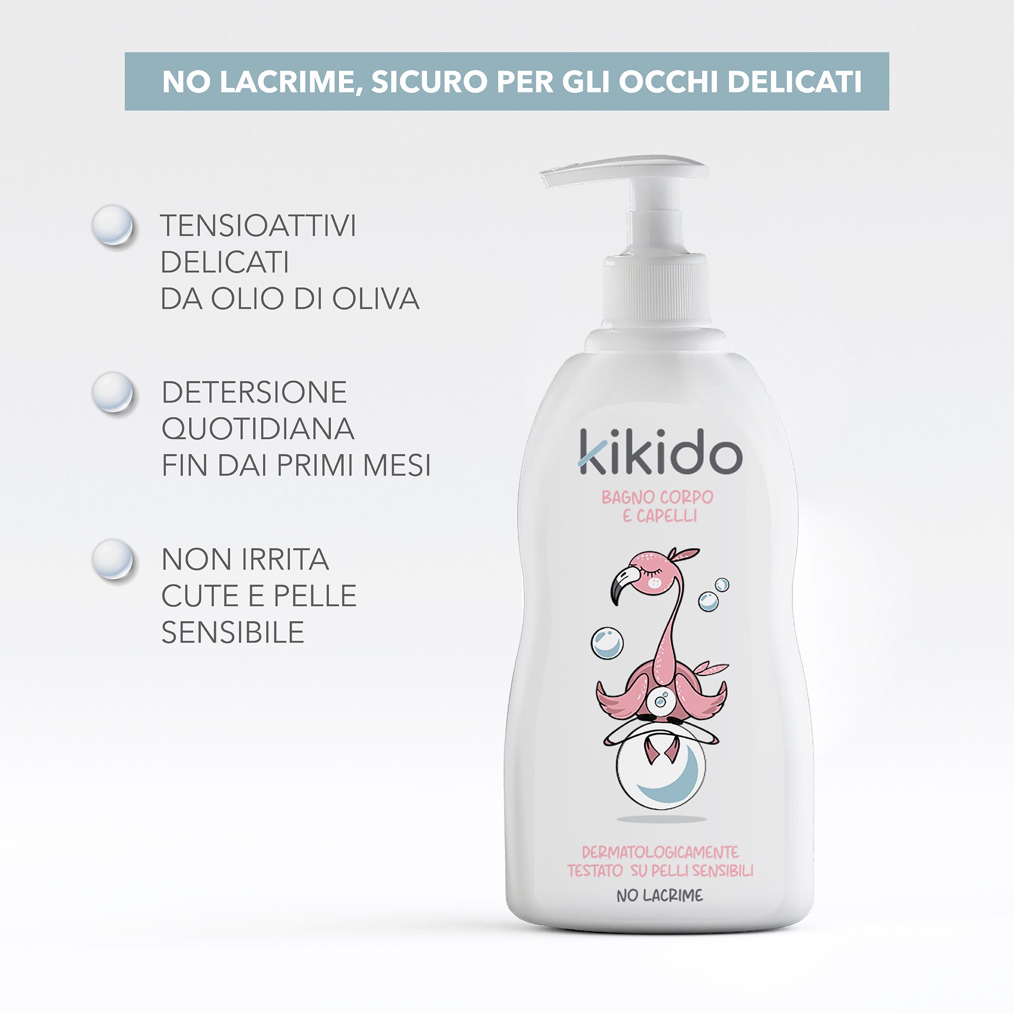Witte fles met tekst: Kikido, bagno corpo e capelli, dermatologisch getest, No Lacrime. Grafieken: Tensioattivi delicati, Detergente quotidiana.