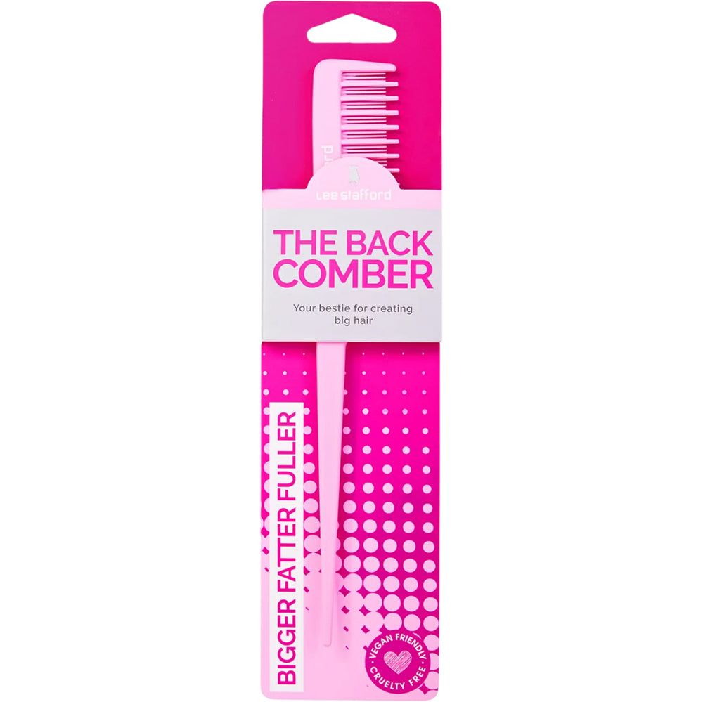 Un peigne rose dans un emballage rose individuel avec l'inscription 'THE BACK COMBER'.