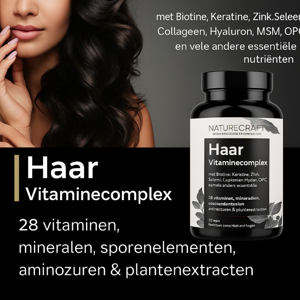 Reclamebeeld met vrouw en product. Productfles met etiket. Tekst: Haar Vitaminecomplex. 28 vitaminen, mineralen, sporenelementen.