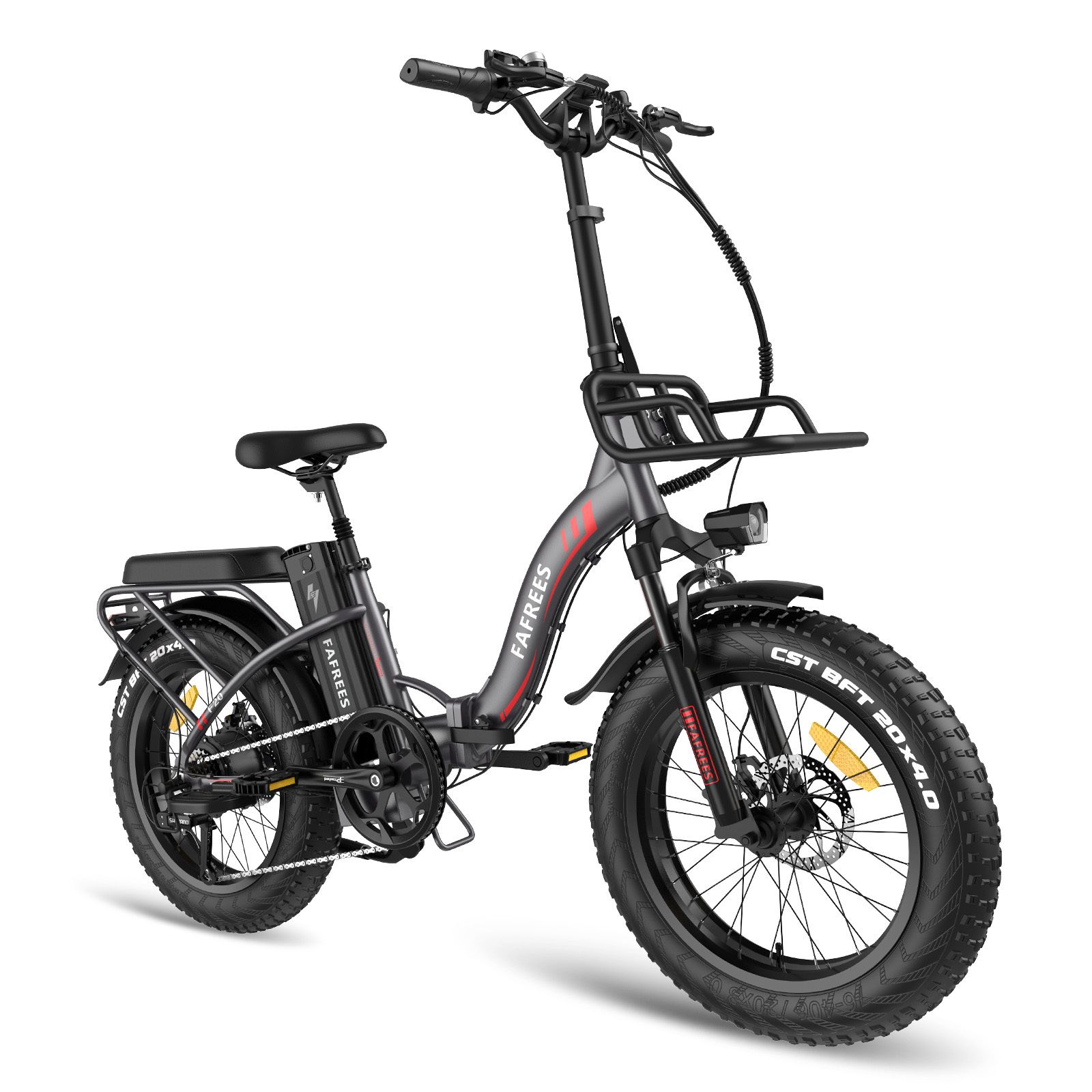 Opvouwbare elektrische fiets Fafrees F20 Max, grijs met rode accenten. Zwarte banden, bagagerek en mand. Merk zichtbaar.