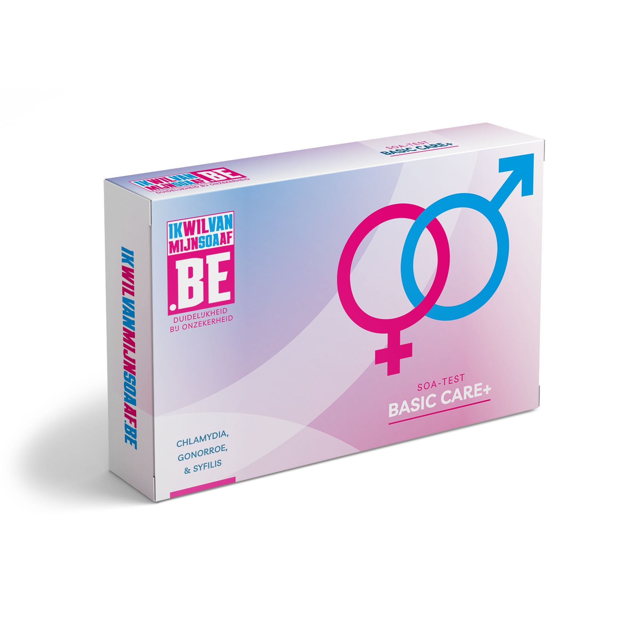 Doos met logo, geslachts symbolen en tekst. Bevat informatie over chlamydia, gonorroe en syfilis.