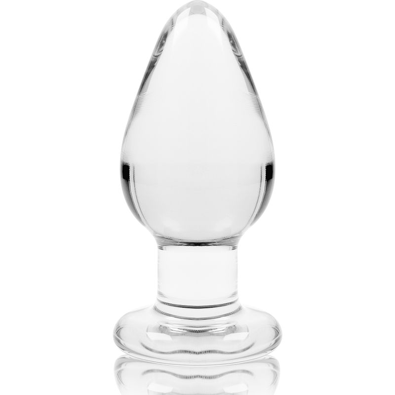 Plug anal en verre transparent, forme goutte d'eau avec une base large.