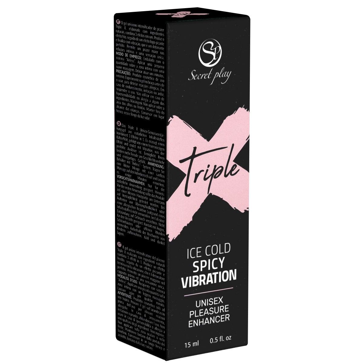 Zwarte verpakking met roze "Triple" tekst. Tekst: Ice Cold Spicy Vibration, Unisex Pleasure Enhancer. 15 ml.