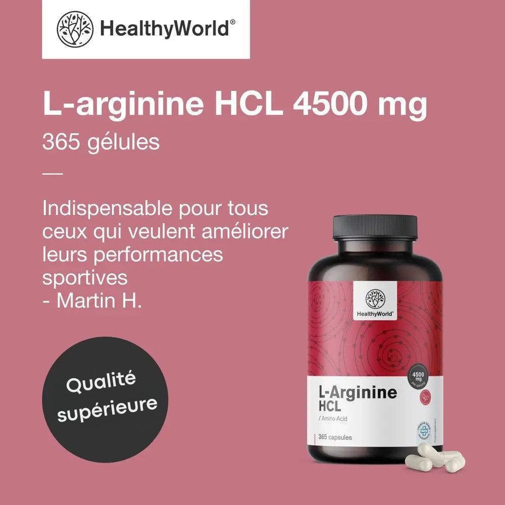 Flacon avec capsules. Inscription: L-Arginine HCL 4500 mg. 365 gélules. Marque: HealthyWorld. Texte: Qualité supérieure.