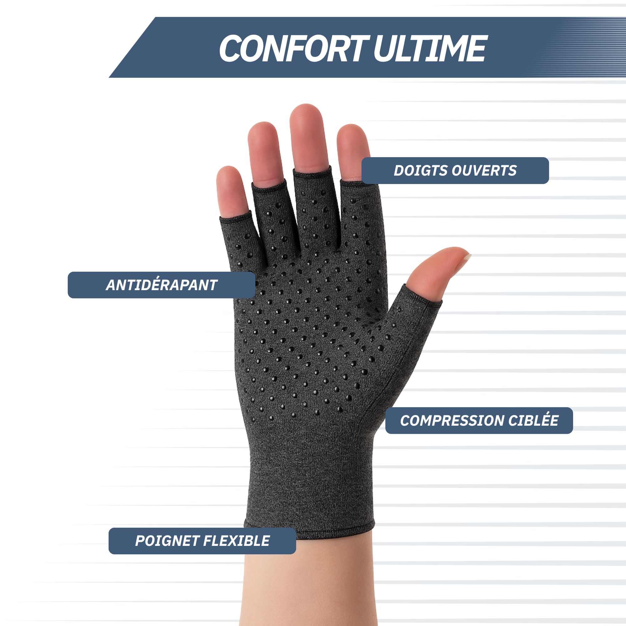 Gants de compression gris à doigts ouverts et paume antidérapante.