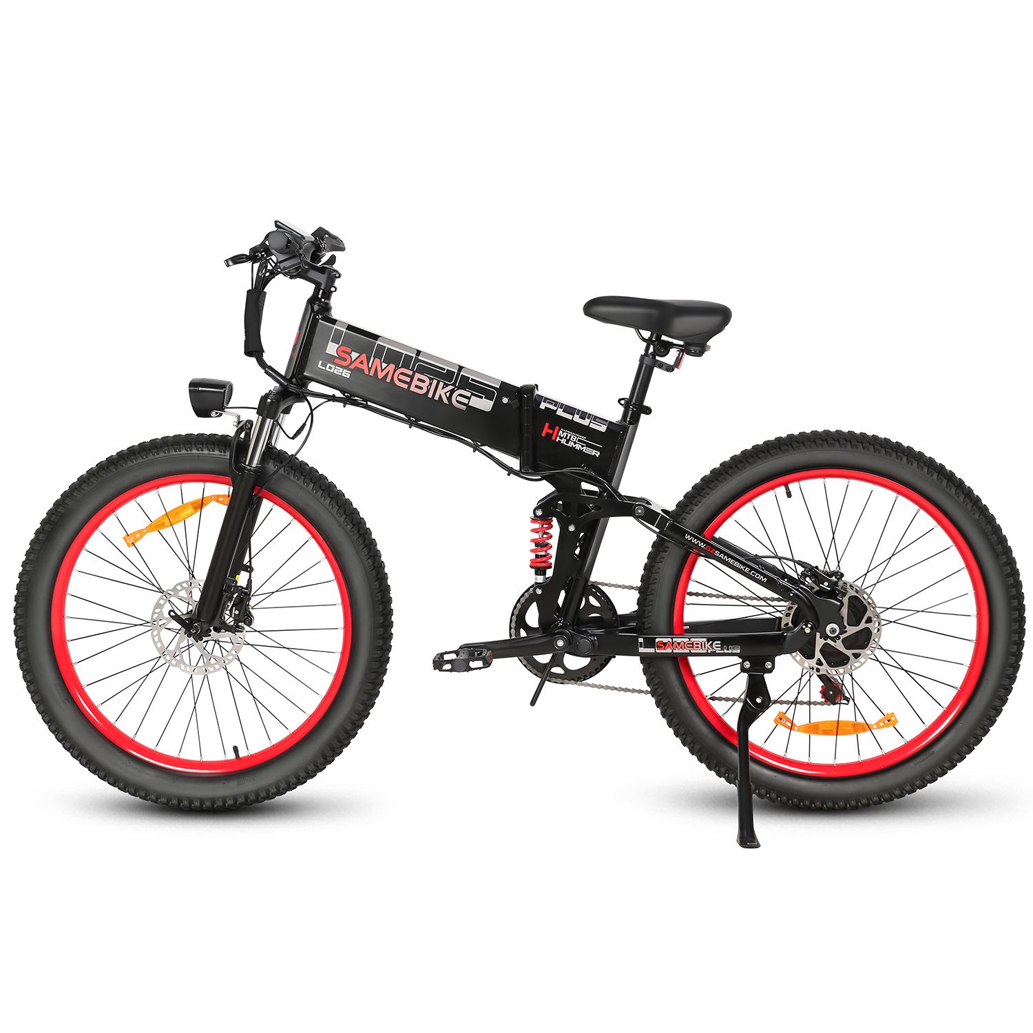Vélo électrique pliable noir, jantes rouges. Marque SAMEBIKE, LO26Plus, batterie 48V 15Ah. Vue latérale.