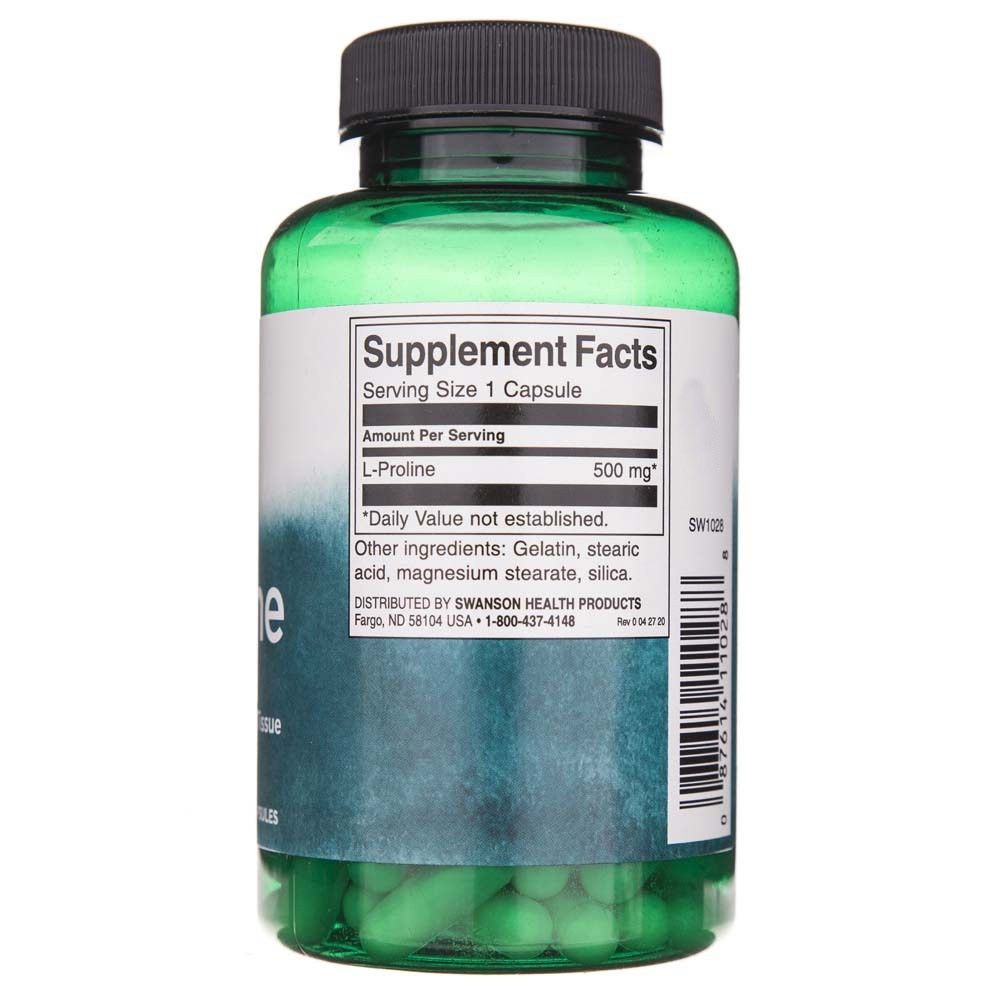 Arrière d'une bouteille verte de gélules de L-Proline, faits nutritionnels et ingrédients.