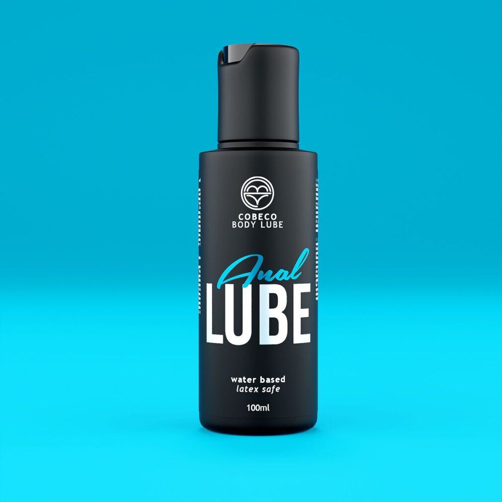 Flacon noir avec inscription Anal Lube, à base d'eau, compatible latex, 100ml.