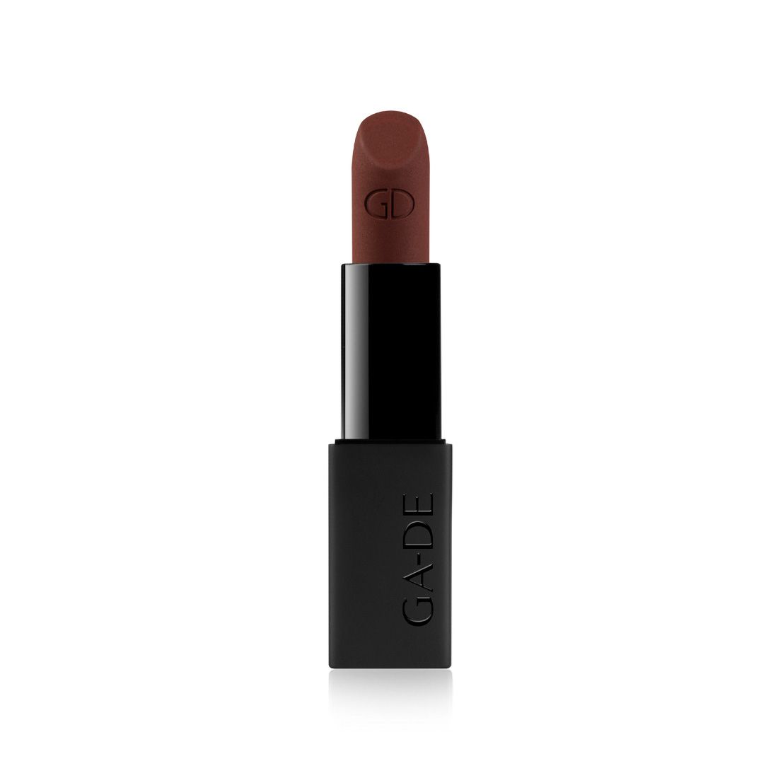 Rouge à lèvres marron dans un étui noir. "GD" est gravé sur le rouge à lèvres. "G-ADE" est inscrit sur l'étui.