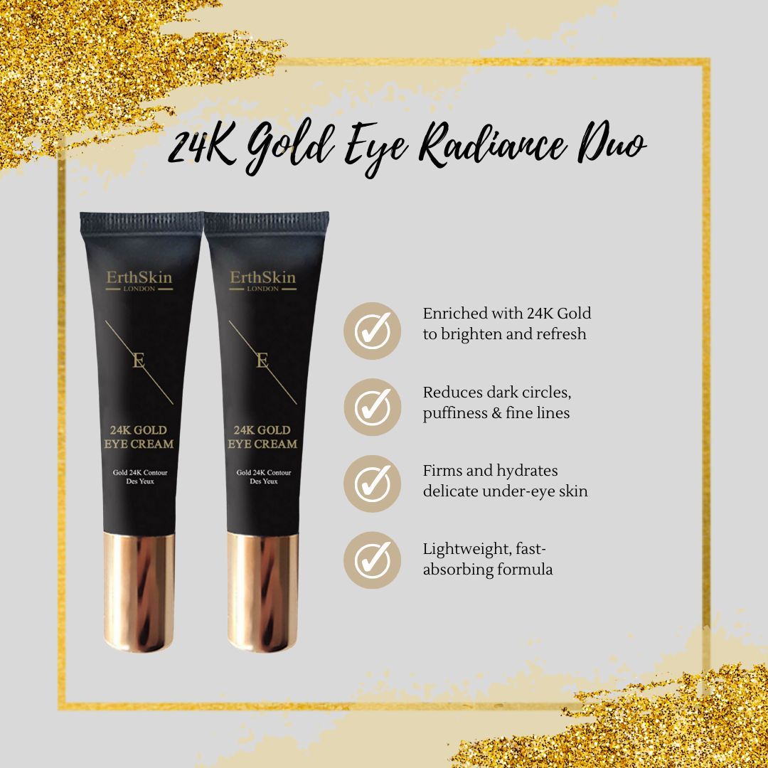 Deux tubes de crème pour les yeux avec texte. Tubes noirs avec détails dorés. Inscription: ErthSkin London, 24K Gold Eye Cream. Texte sur les avantages.