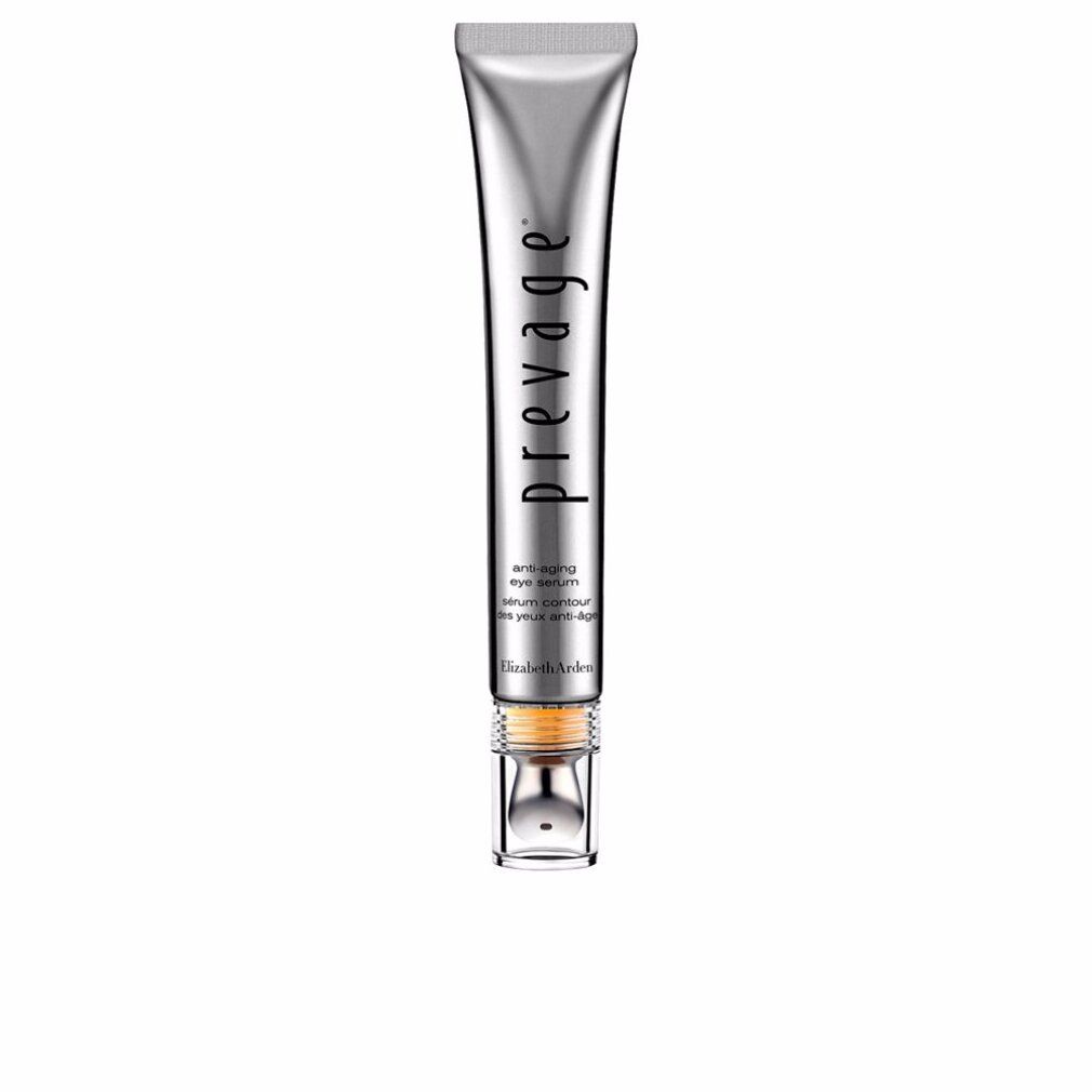 Zilveren tube met "prevage" opschrift en "anti-aging eye serum" tekst. Transparante applicator aan het uiteinde.