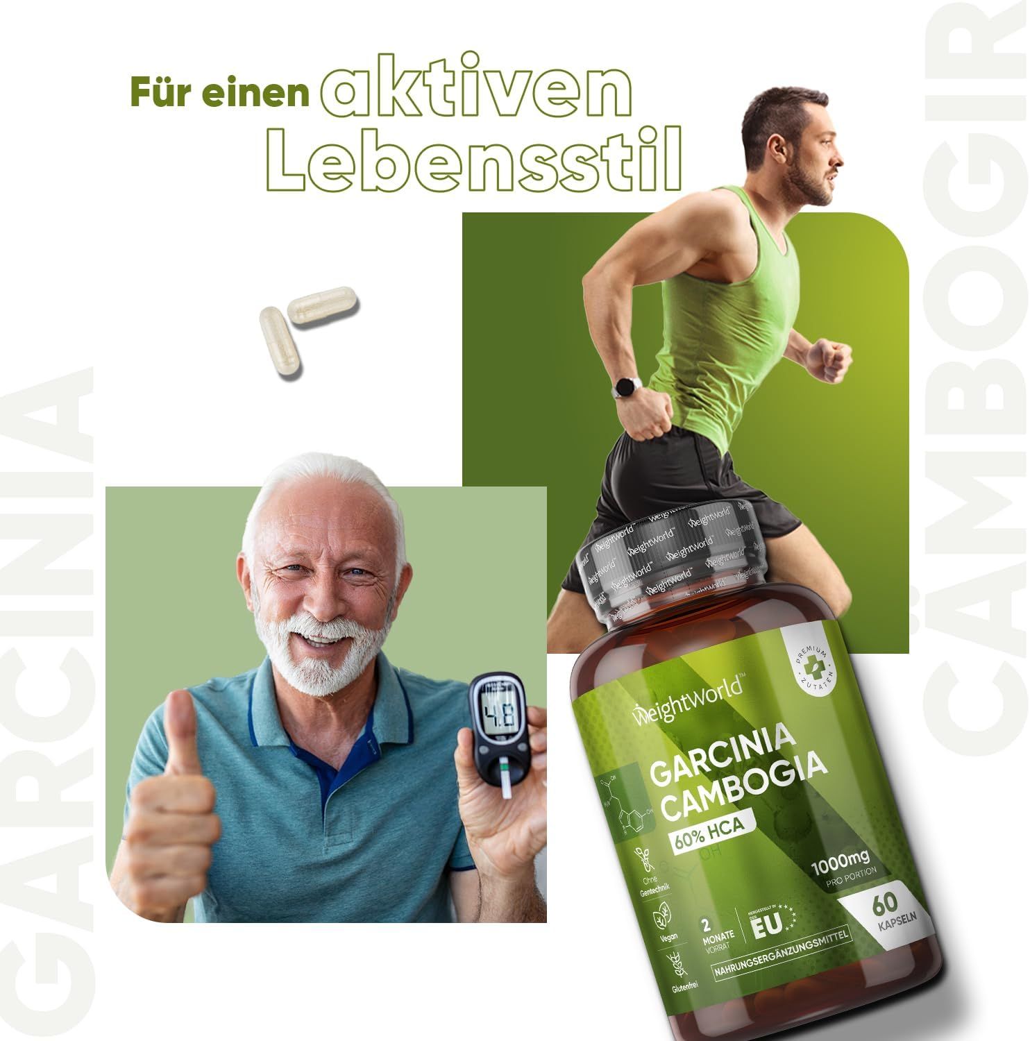 WeightWorld Garcinia Cambogia capsules: rennende man, oudere man met bloedglucosemeter, productfles.