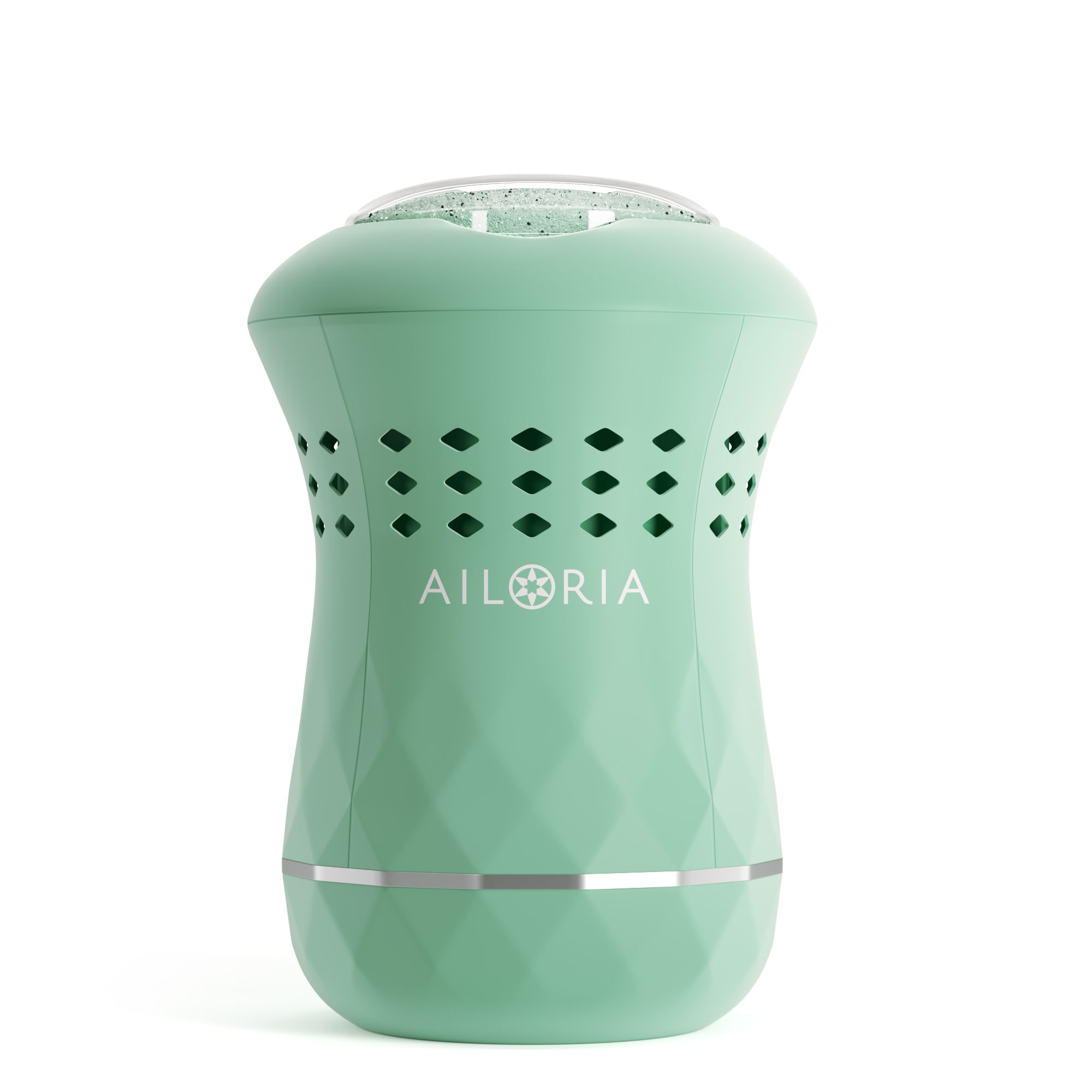 Appareil électrique vert menthe. Logo AILORIA. Motif diamant, fentes d'aération. Bande argentée.