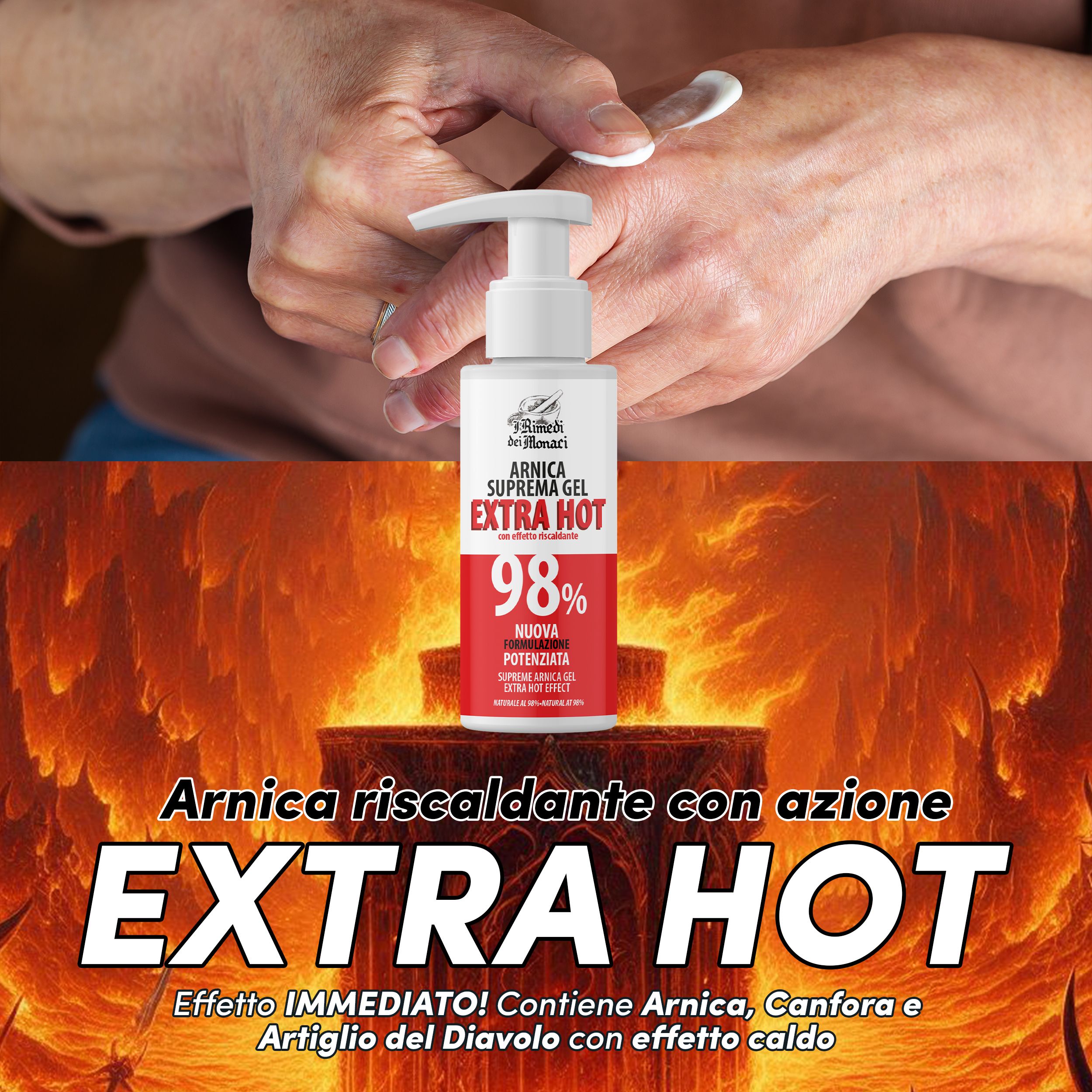Witte pompflacon met rood etiket. Tekst: Arnica Suprema Gel Extra Hot 98%. Gel wordt op de hand aangebracht.