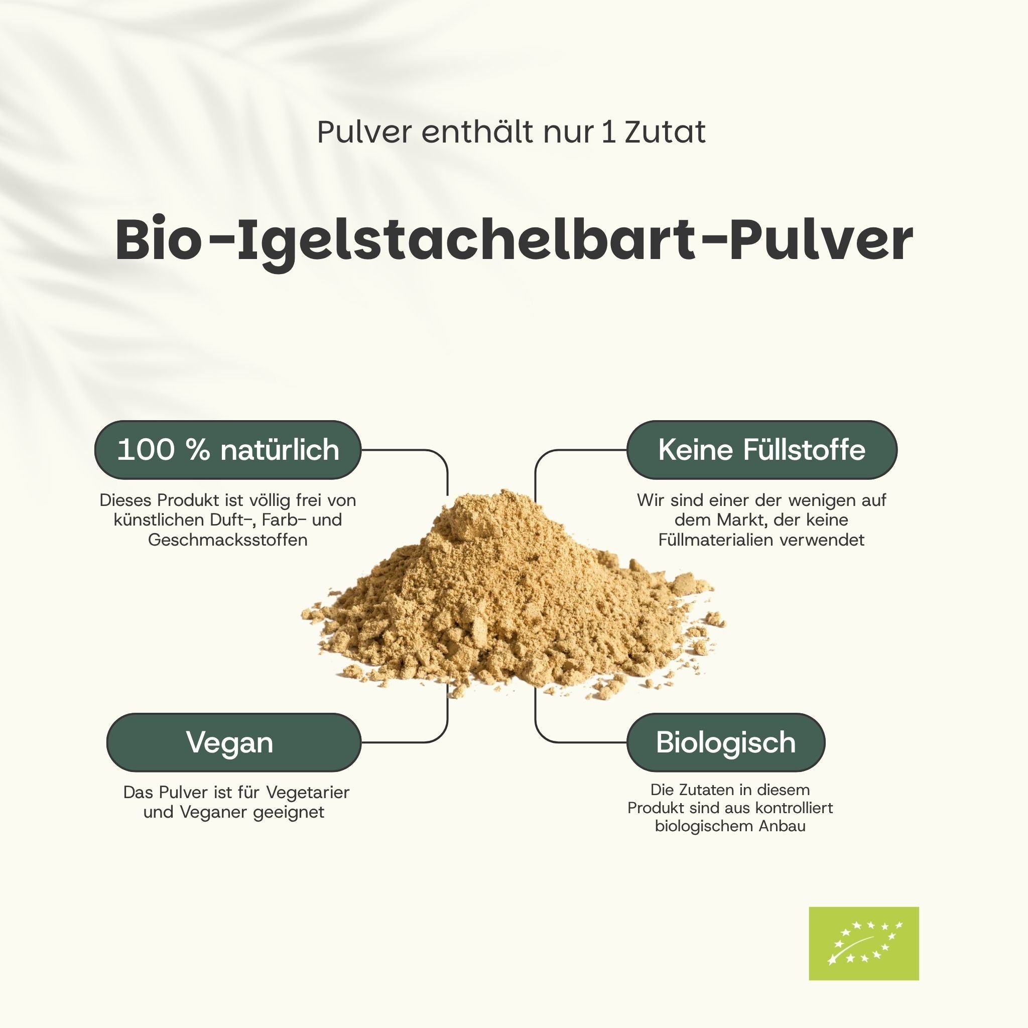 Tas de poudre biologique de crinière de lion avec des informations sur les ingrédients naturels.