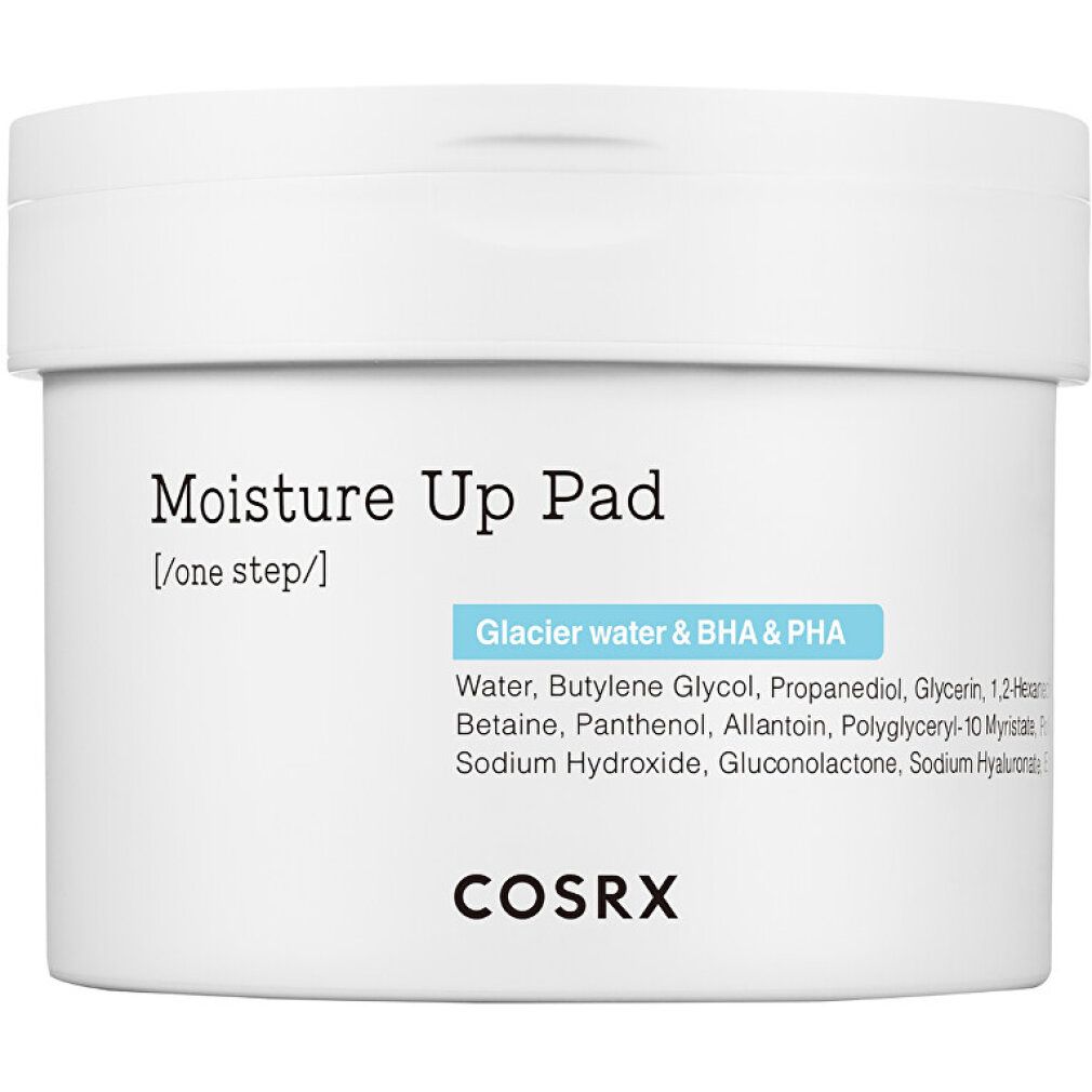 COSRX Moisture Up Pad : Pot blanc avec informations produit, dont "Glacier water & BHA & PHA".