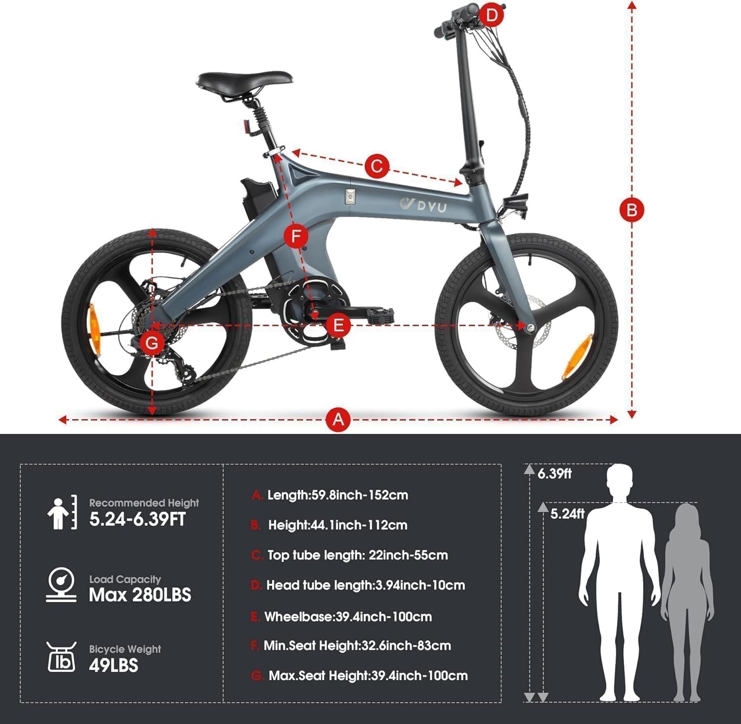 Diagram met afmetingen van de DYU e-citybike. Lengte, hoogte, wielbasis en gewicht. Silhouet van personen.
