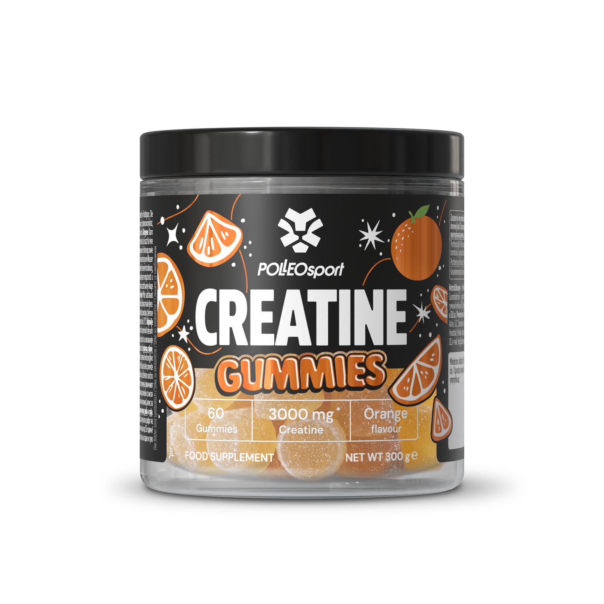 Pot rond avec couvercle noir. Inscription : CREATINE GUMMIES, 60 gommes, 3000 mg Créatine, goût orange. Poids net 300g.
