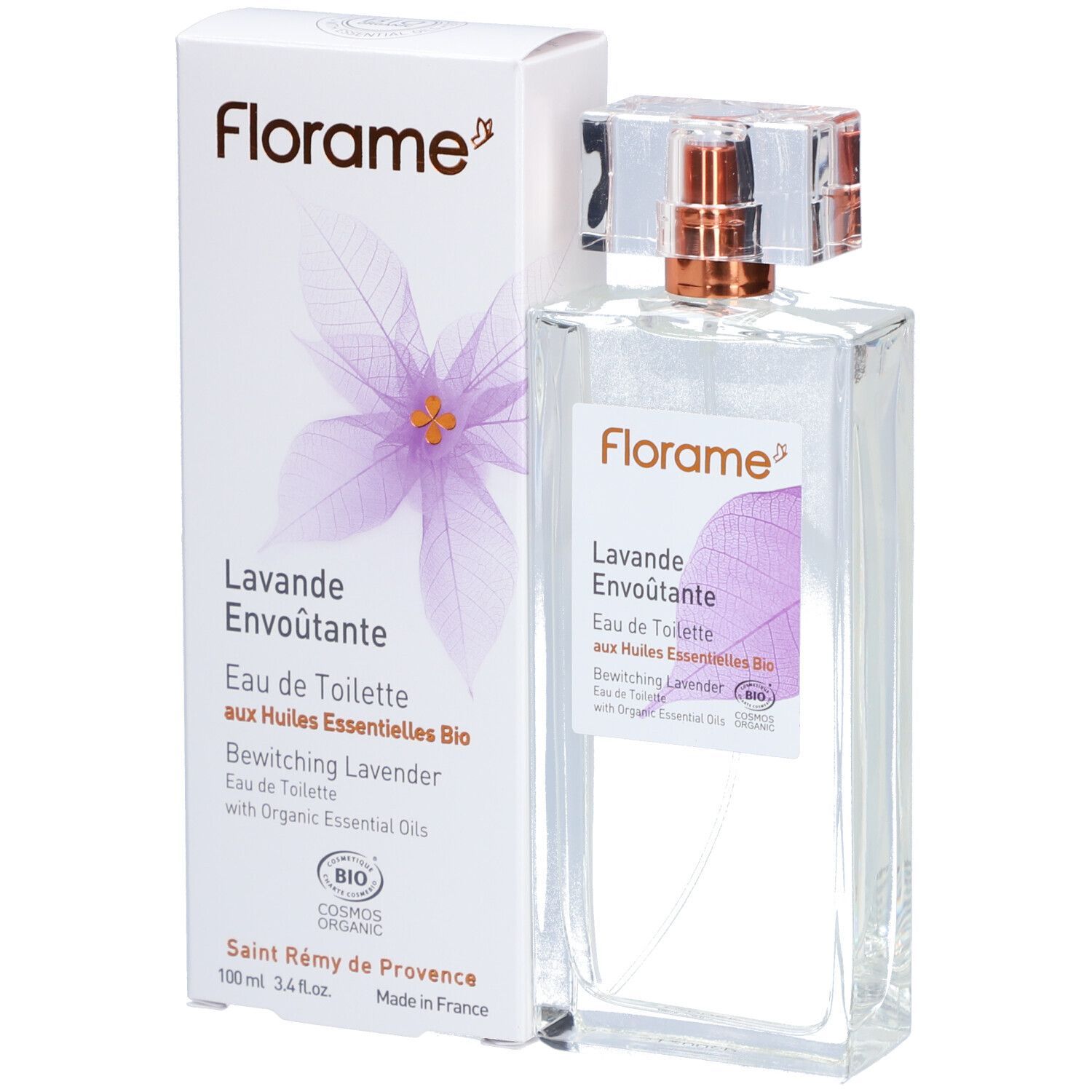 Flacon et boîte avec logo et nom du produit. Inscription : Lavande Envoûtante, Eau de Toilette, Bio.