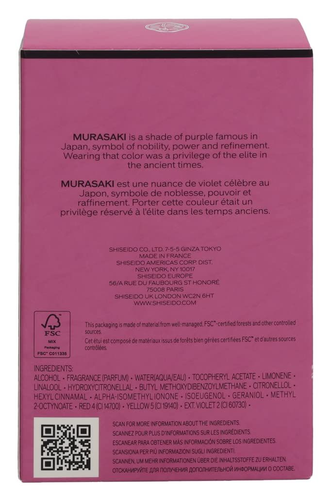 Achterkant van de roze doos. Tekst over Murasaki, ingrediënten, QR-code en FSC-certificering.