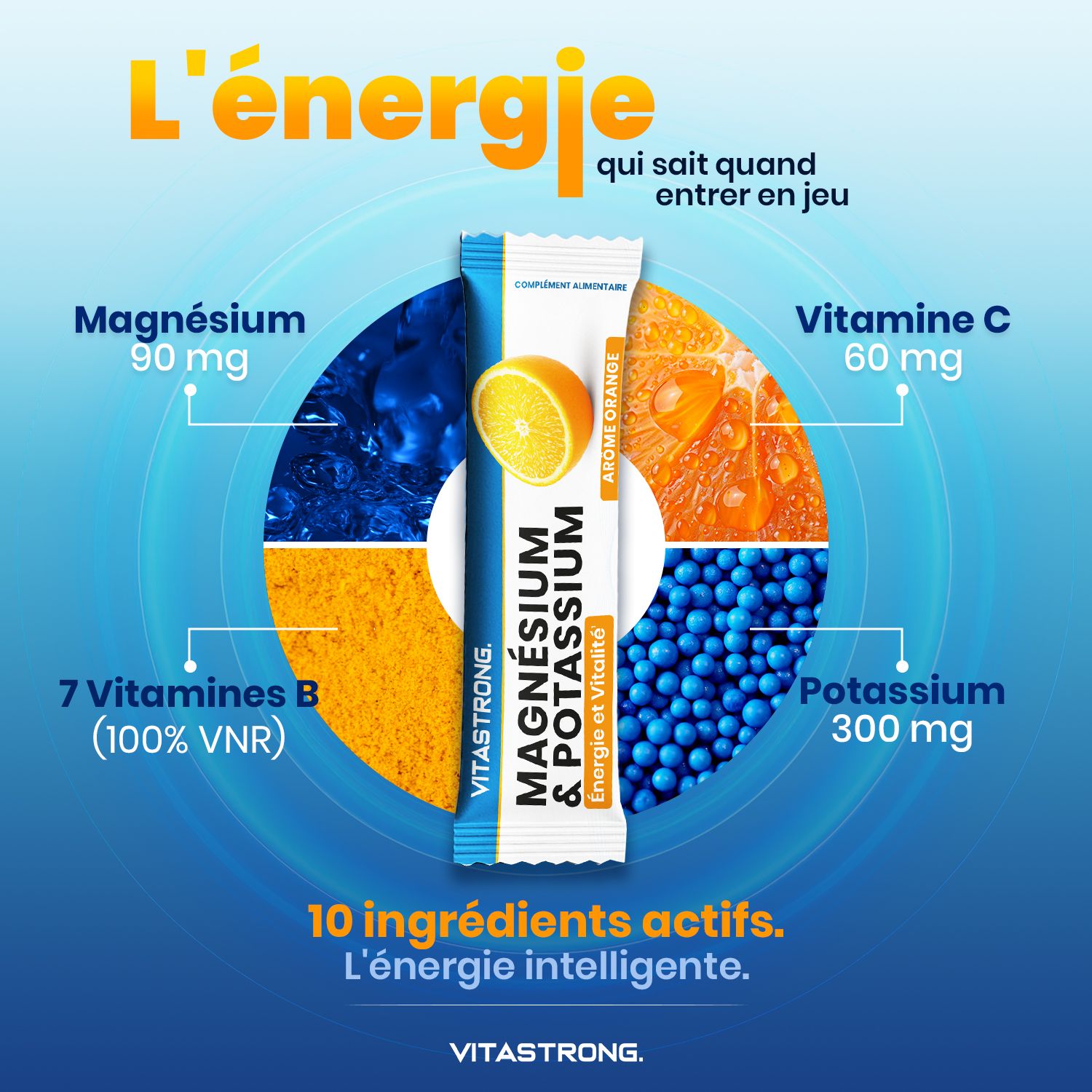 Vitastrong Magnesium & Kalium. 2 sticks, sinaasappelsmaak. Mensen op de achtergrond. Zonder lactose, gluten, GGO. Afbeelding.