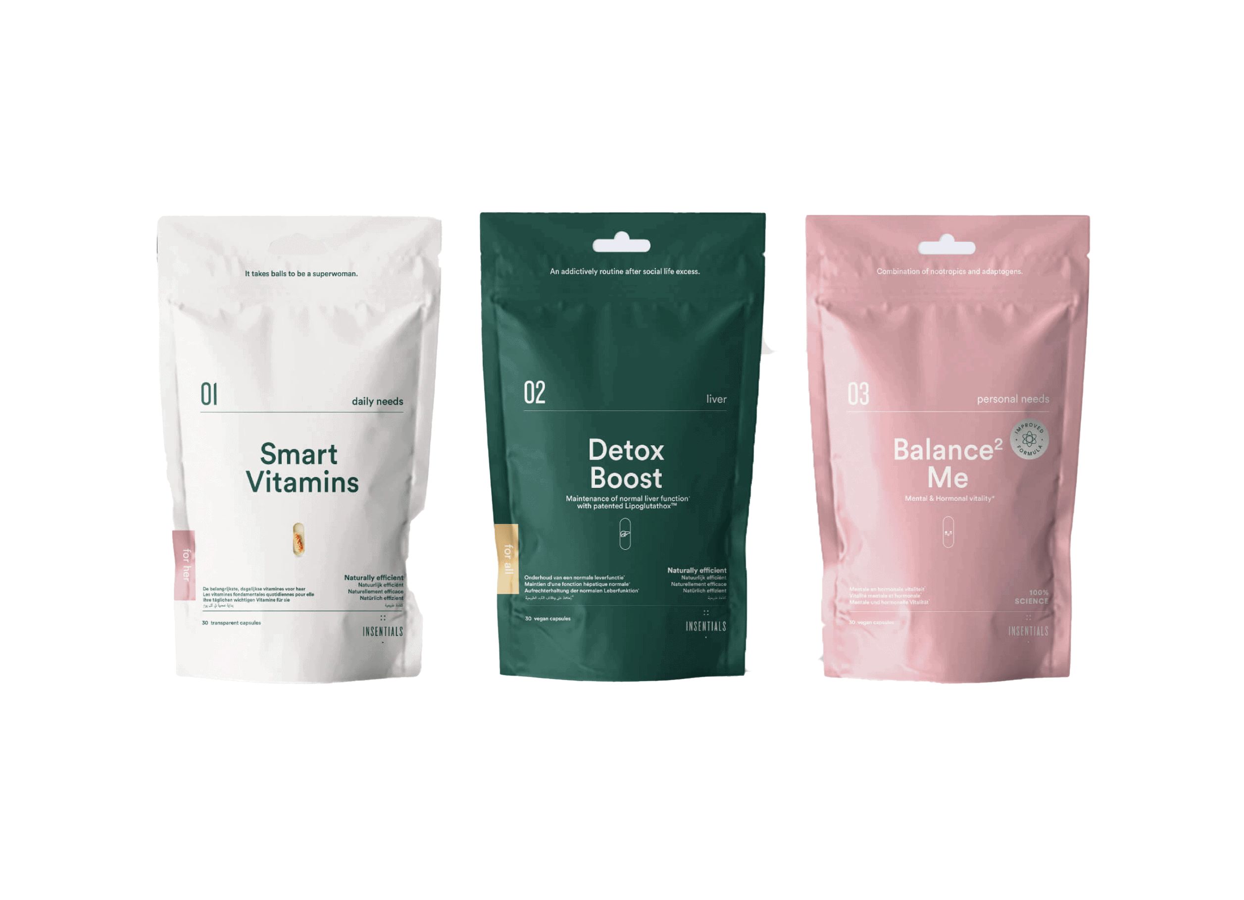 Drie zakjes: 'Smart Vitamins', 'Detox Boost' en 'Balance Me'.