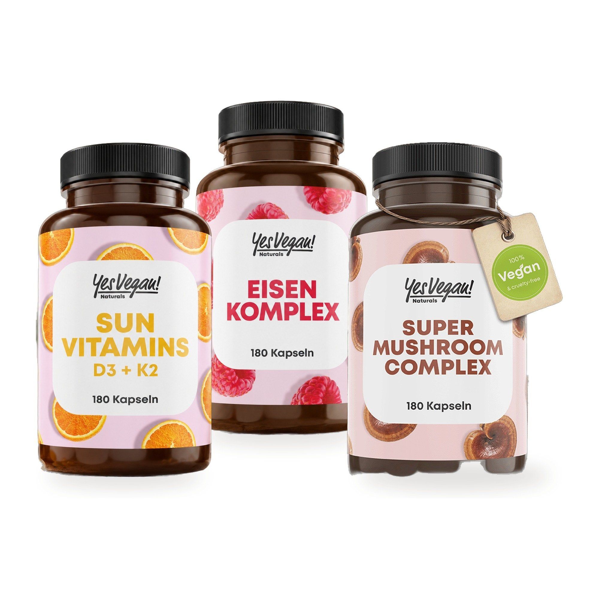 Trois bouteilles de compléments alimentaires : Complexe de fer, Vitamines solaires et Complexe de super champignons.