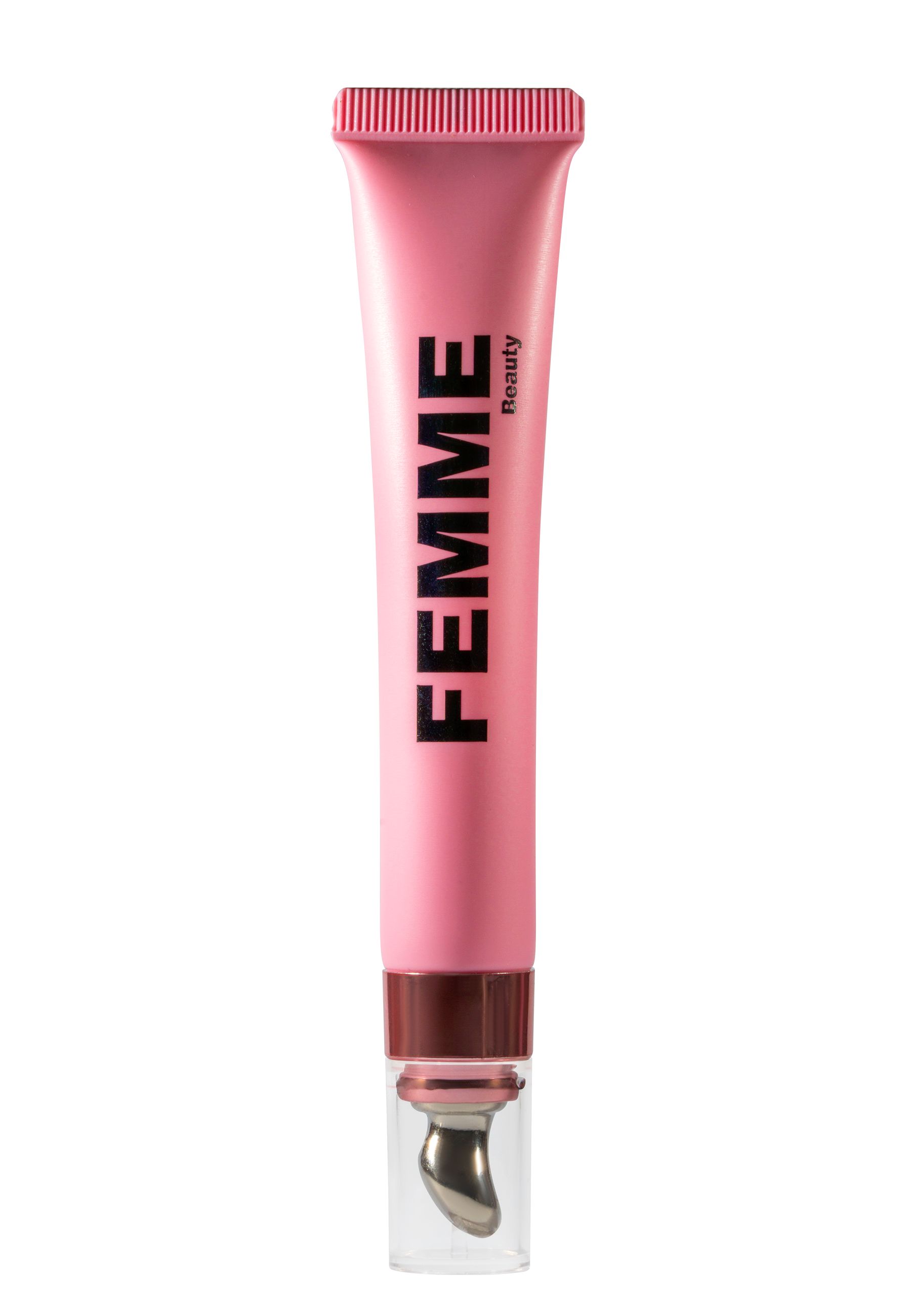 Crème contour des yeux FEMME Beauty dans un tube rose avec applicateur.