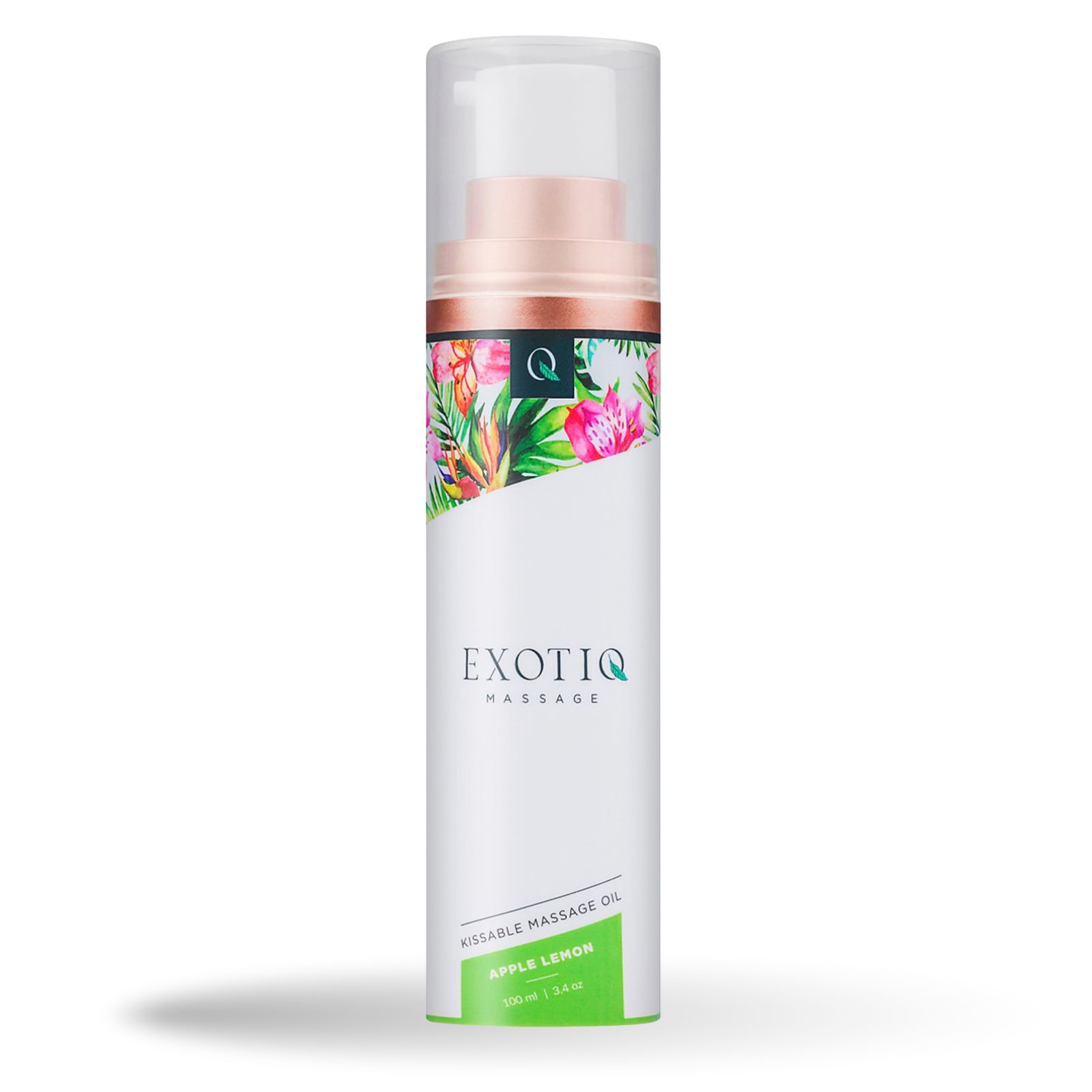 Massageolie fles met bloemen design en transparante dop. Opschrift: EXOTIQ, Aroma Apple Lemon.