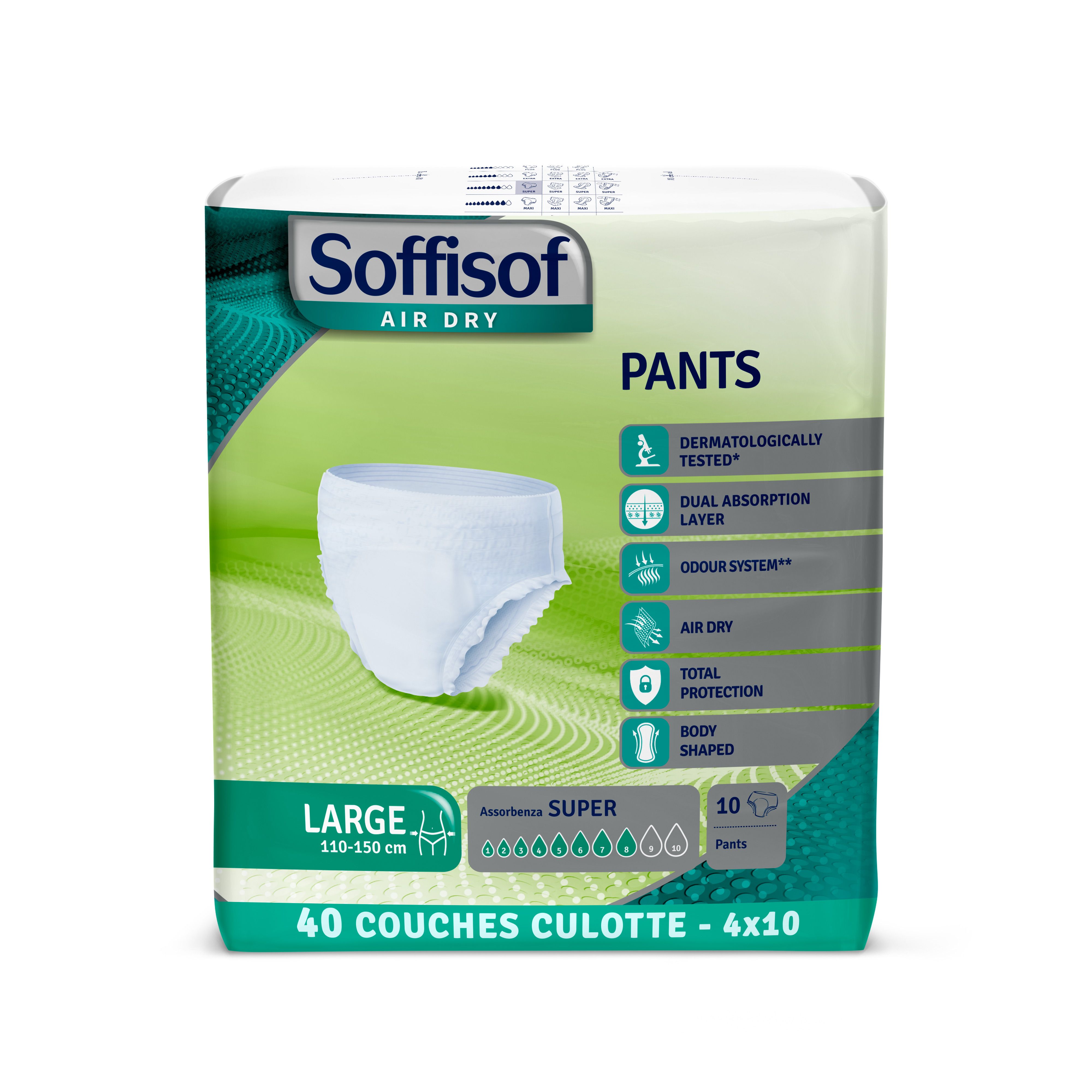 Paquet Soffisof Pants, taille Large. Contient 40 Couches Culotte. Inscriptions : Air Dry, testé dermatologiquement, 10 Pants.