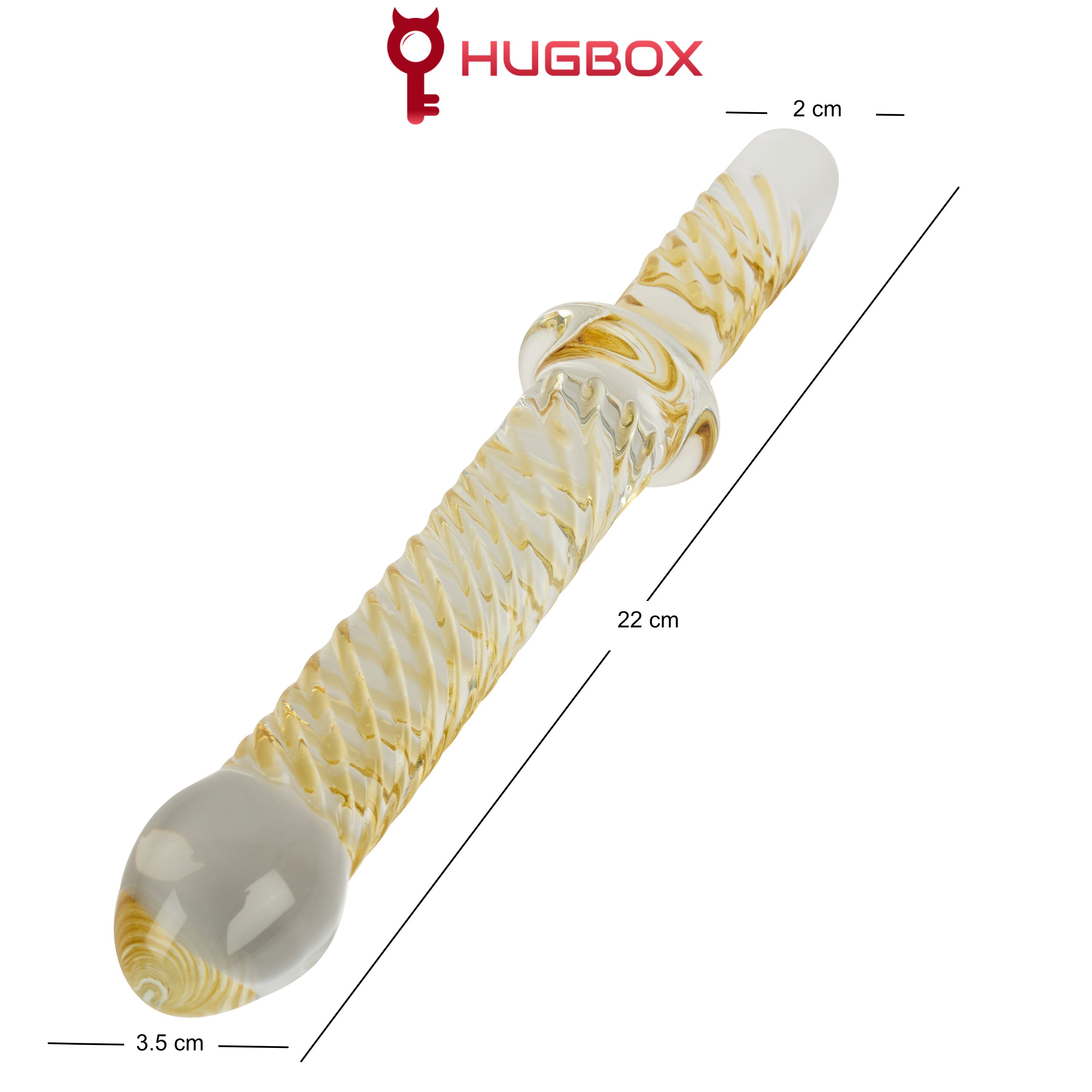 Stimulateur en verre, surface cannelée. Design jaune et blanc. Dimensions : 22 cm de long, 3,5 cm de large, 2 cm de diamètre. Logo HUGBOX.