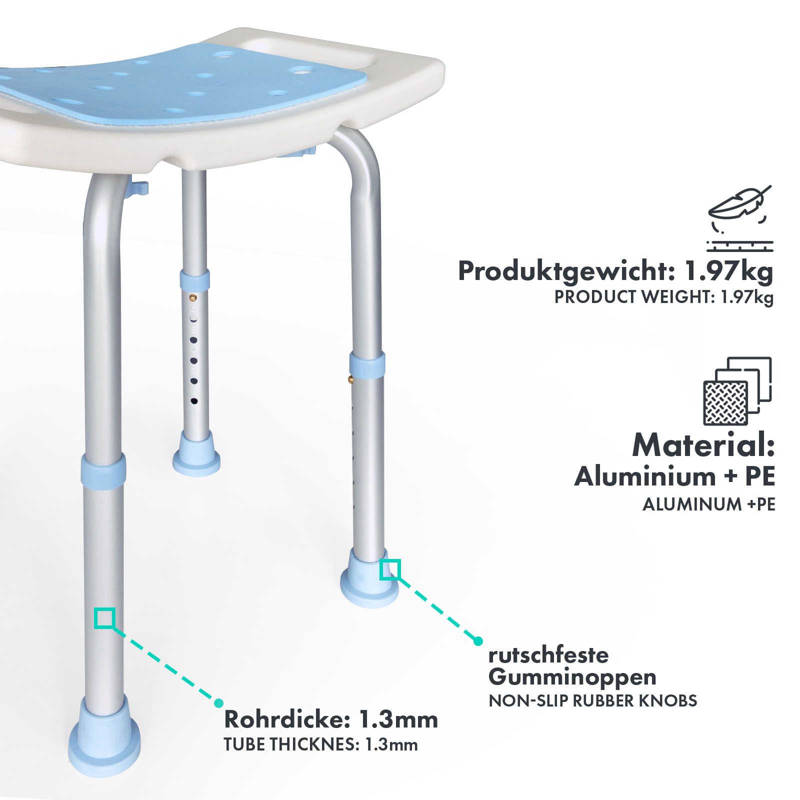 Tabouret de douche bleu. Poids : 1,97 kg. Matériau : Aluminium + PE. Embouts en caoutchouc antidérapants.