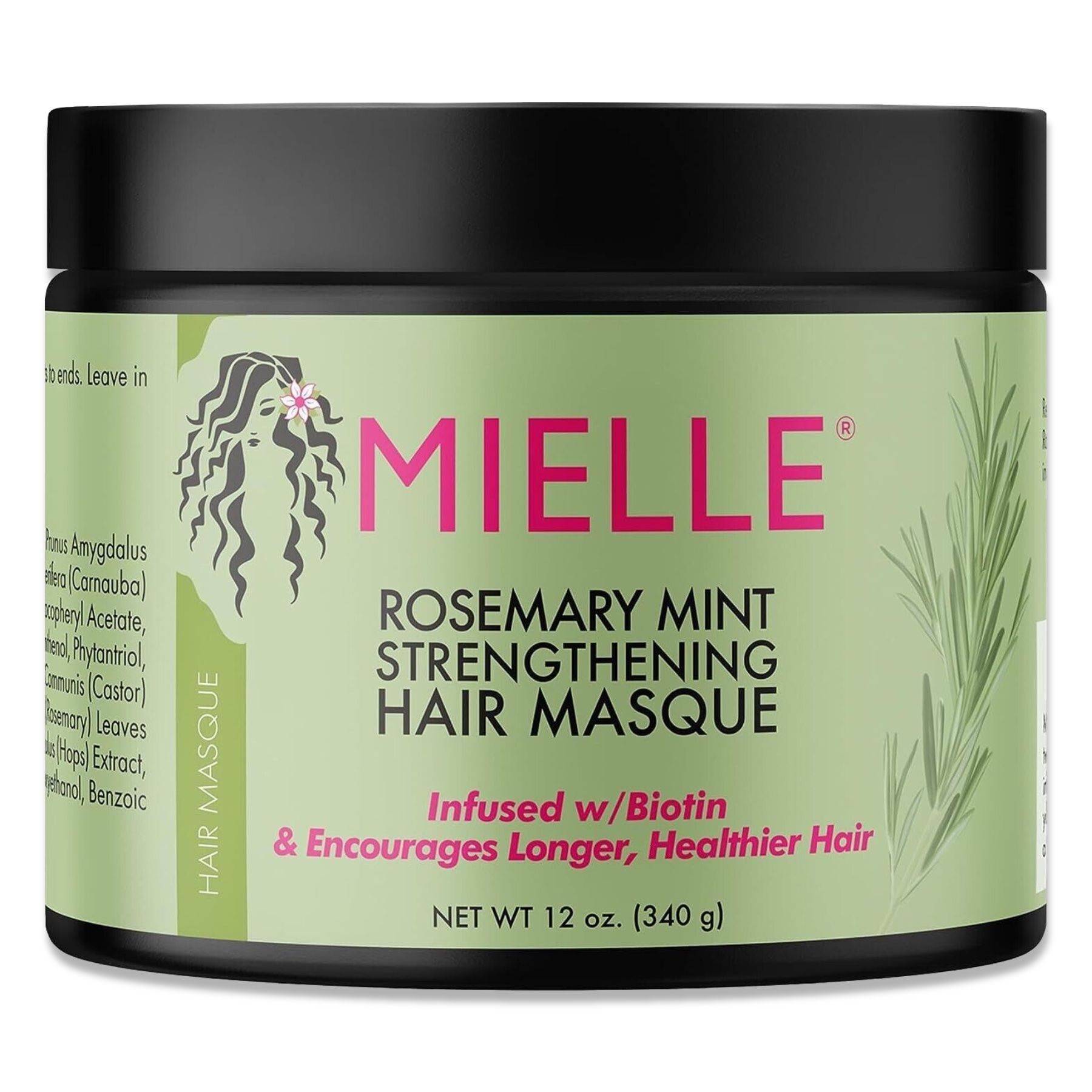 Masque capillaire Mielle Organics. Couvercle noir, étiquette verte avec texte. Illustrations de romarin et de menthe.