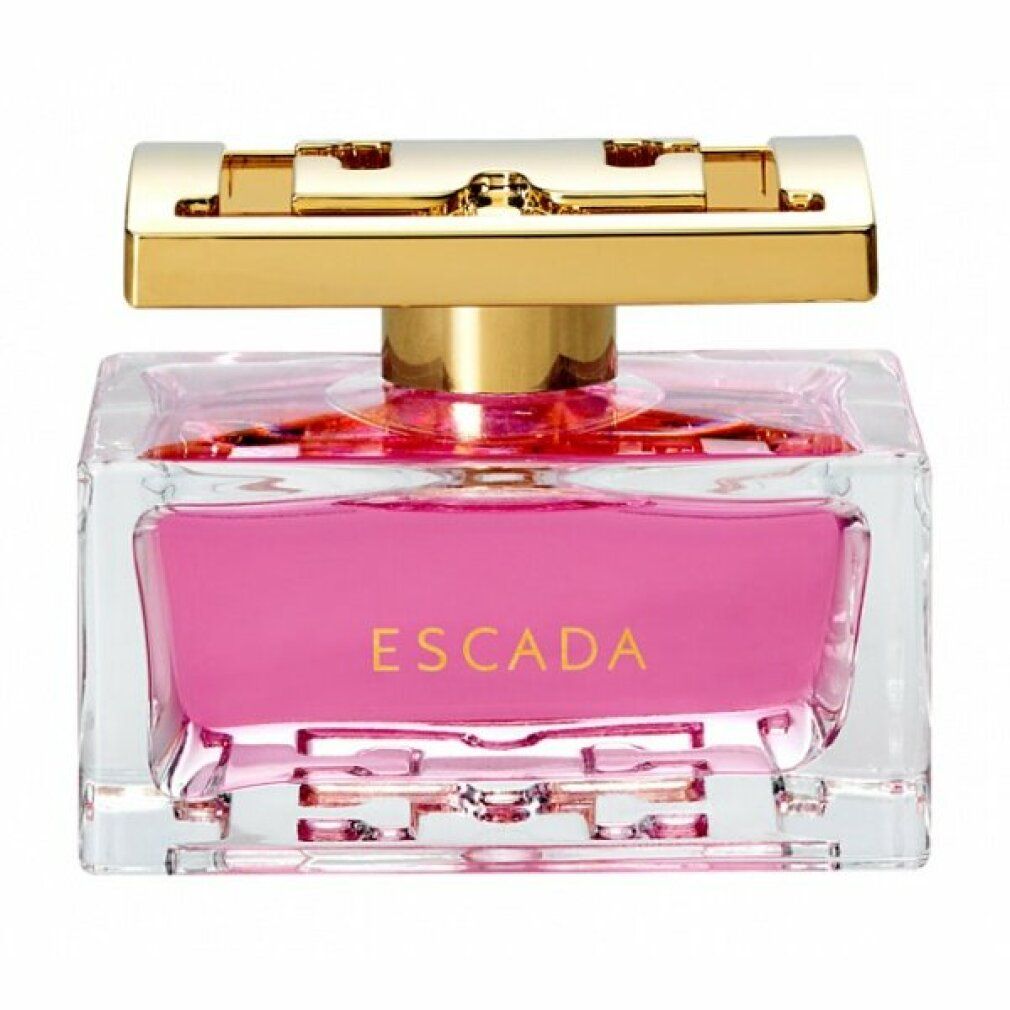 Flacon carré en verre avec bouchon doré. Liquide rose. Inscription ESCADA en or.
