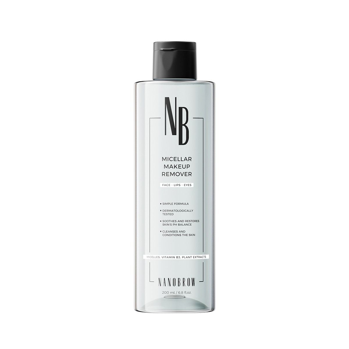 Transparante fles met zwarte dop. Opschrift: Micellar Makeup Remover. Merk: Nanobrow. Bevat vitamine B5 en plantenextracten.