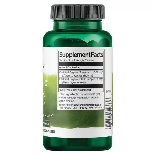 Dos d'un flacon vert. Étiquette blanche avec informations nutritionnelles. Ingrédients: curcuma, poivre noir.