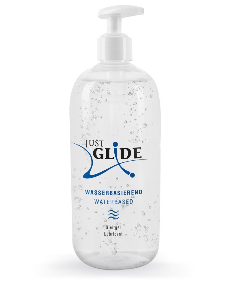 Just Glide glijmiddel op waterbasis, in een doorzichtige fles met pompdosering en belletjes.