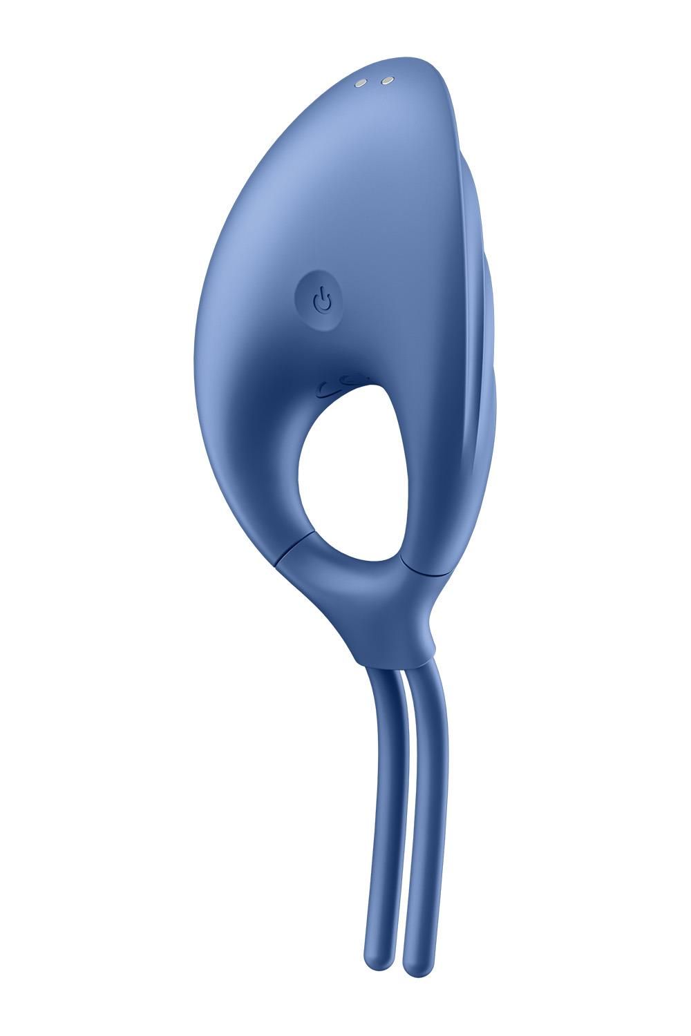Blauwe Satisfyer Swordsman Ring Vibrator, zijaanzicht met bedieningselementen.