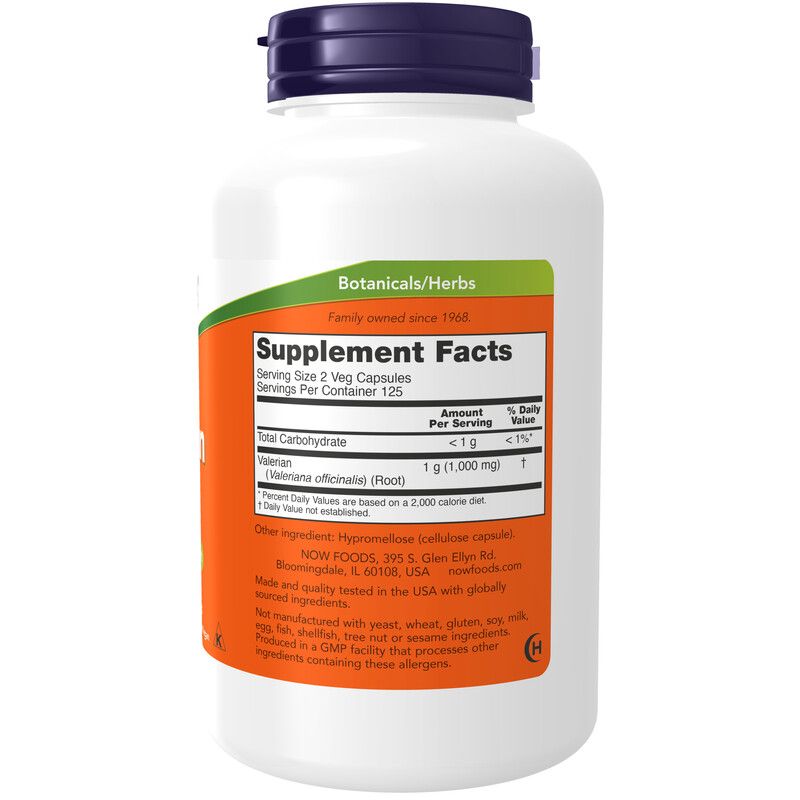Dos du flacon blanc. Étiquette orange avec informations nutritionnelles. Marque: NOW. Botanicals/Herbs.
