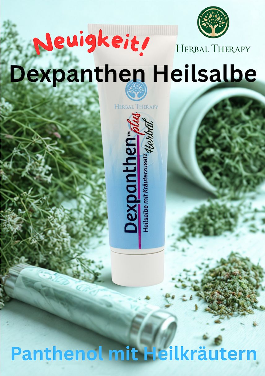 Affiche publicitaire avec Herbal Therapy Dexpanthen pommade cicatrisante. Tube, herbes et texte: Nouveauté! Panthénol aux herbes.