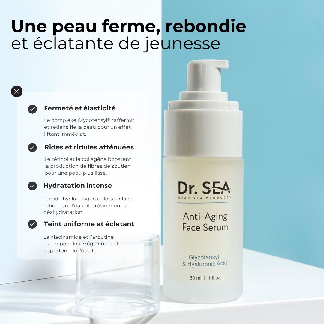 Flacon de sérum avec pompe. Texte : Dr. SEA, Anti-Aging Face Serum, Glycotensyl & Hyaluronic Acid. Avantages : Fermeté, rides réduites, hydratation.