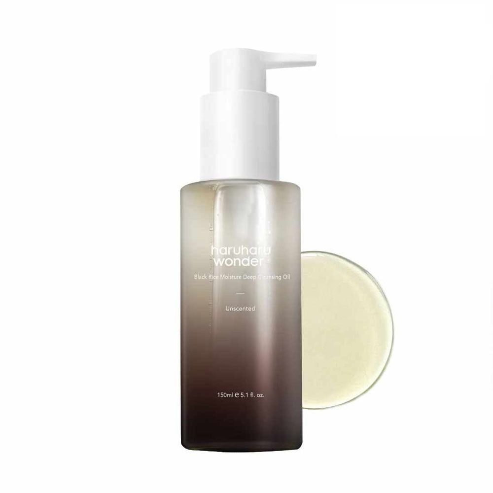 HaruHaru Wonder Black Rice Facial Oil fles met pomp en productvoorbeeld. Kleurovergang van bruin naar transparant.
