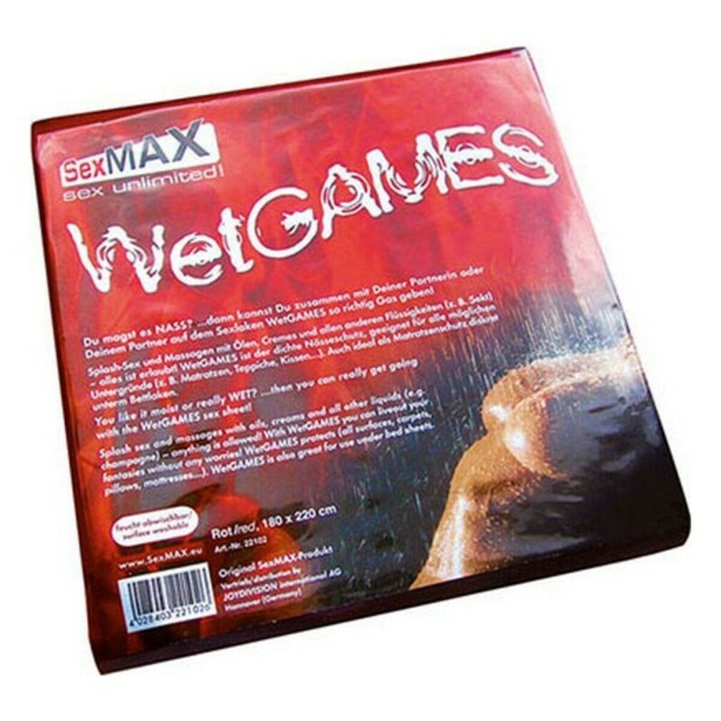Drap de sexe en emballage rouge. Impression : WetGames, SexMAX. Dimensions : 180 x 220 cm. Texte en allemand et anglais.