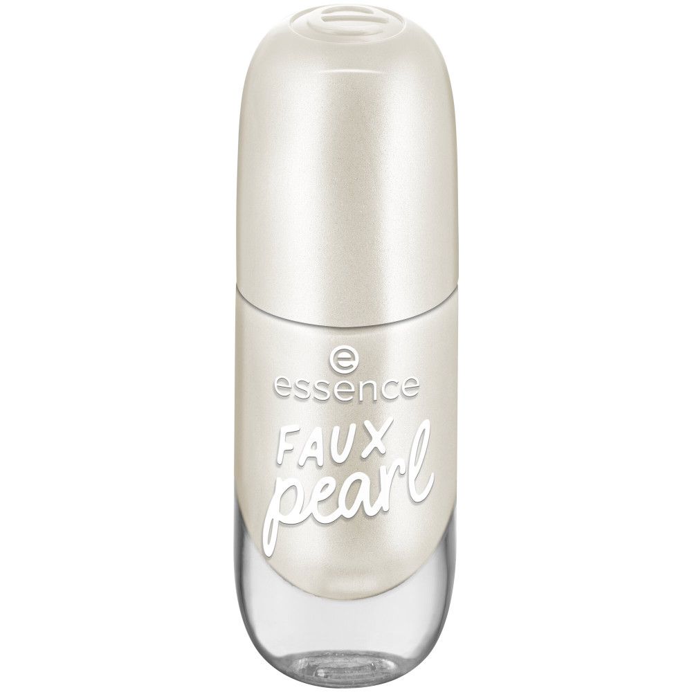 Flacon de vernis à ongles avec bouchon. Flacon de vernis nacré clair. Inscription "FAUX pearl" et "essence".