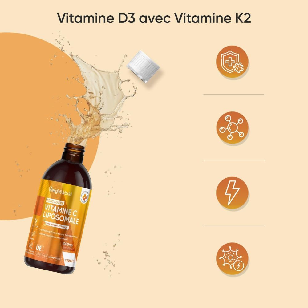 Bouteille avec vitamine C. Vitamine C liposomale liquide. 1000 mg. Avantages : système immunitaire, fatigue, fonction psychologique.