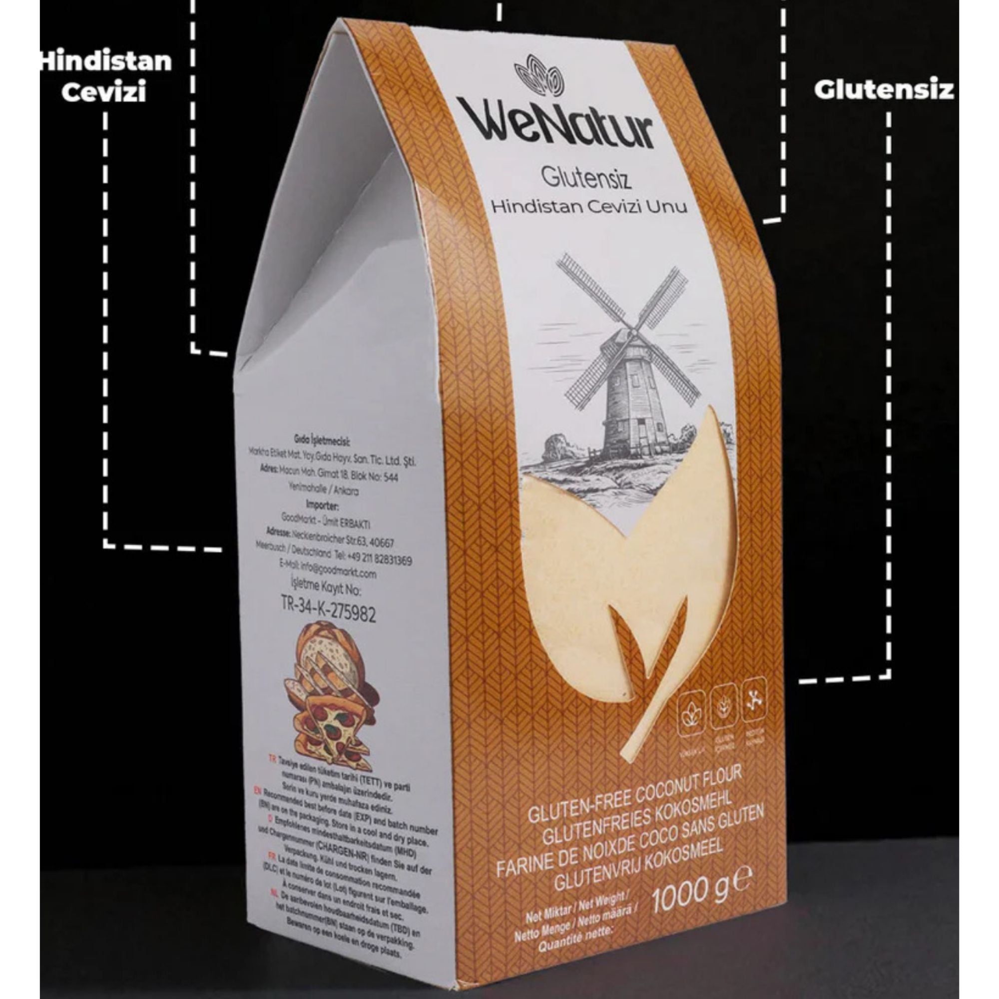 Vue latérale d'un paquet de farine de coco sans gluten avec informations et logos.