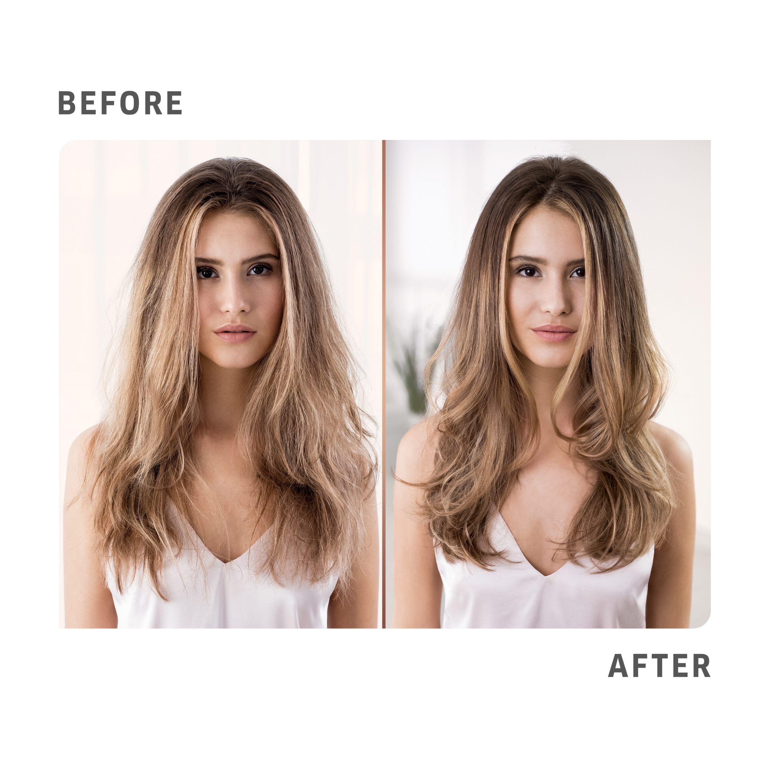 Comparaison avant-après. Femme aux cheveux ondulés. Gauche : cheveux secs. Droite : cheveux lisses et soignés.